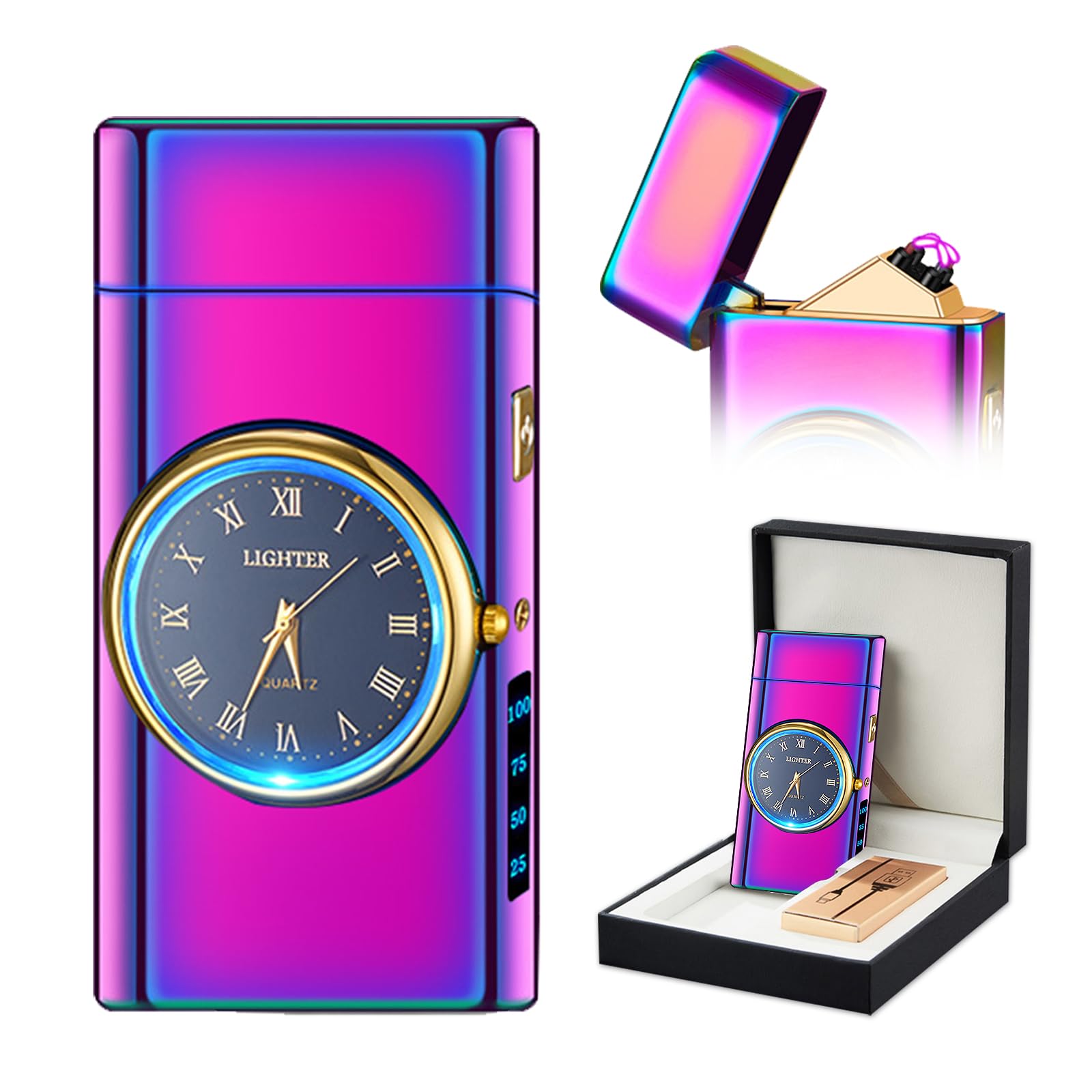 Watch Lighter Dual Arc Plasma Electric Lighters USB Rechargeable Lighters with LED Battery Display Cool Lighter with Clock & Flashlight,Unique Gift for Men and Women (Boat Blue)