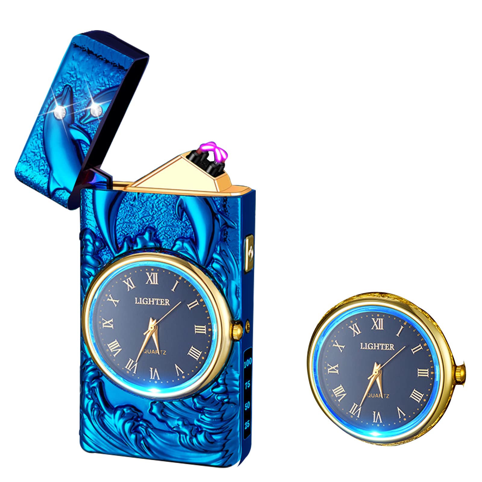 Watch Lighter Dual Arc Plasma Electric Lighters USB Rechargeable Lighters with LED Battery Display Cool Lighter with Clock & Flashlight,Unique Gift for Men and Women (Boat Blue)
