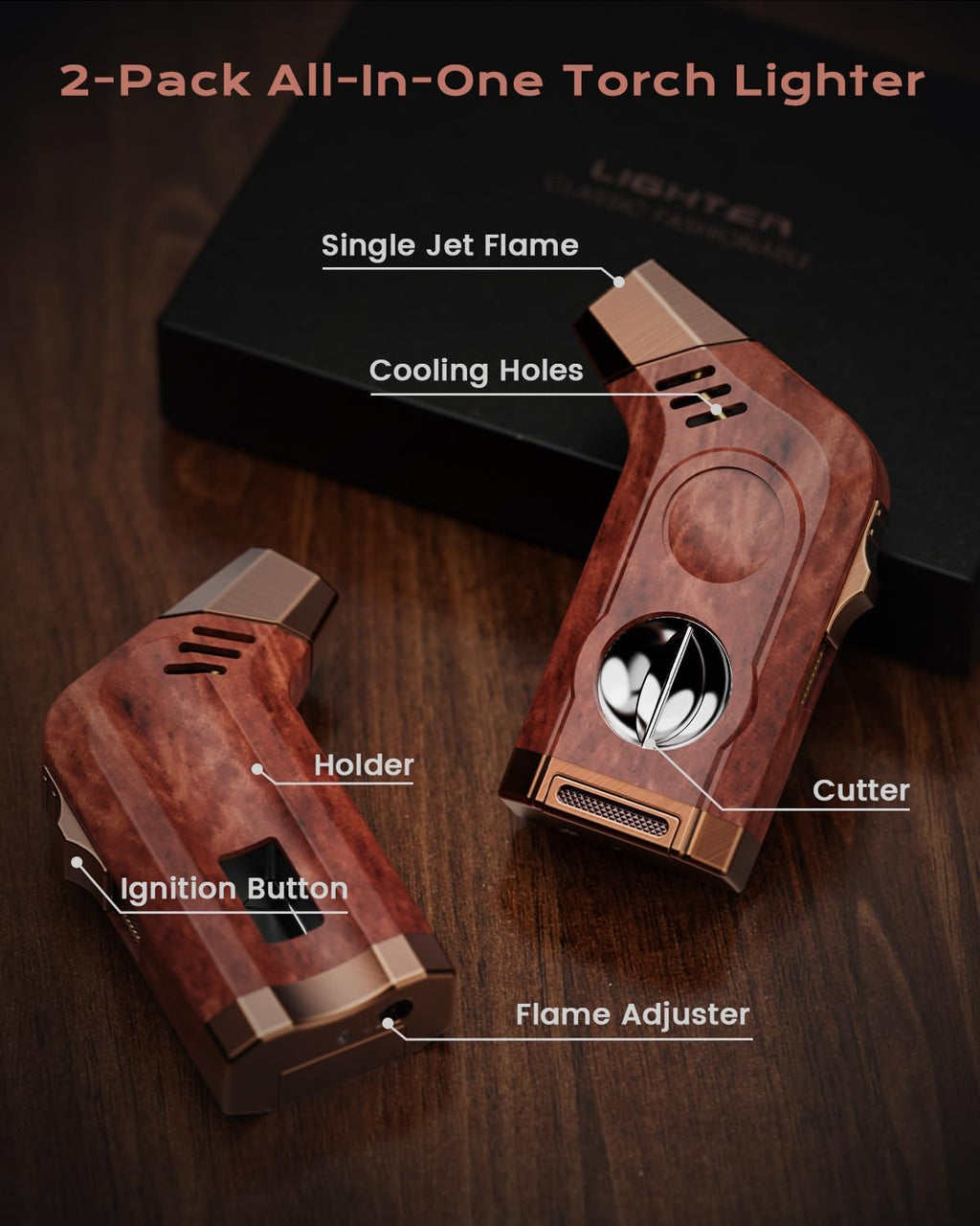 2-Pack Torch Lighter with Windproof Jet Flame, Holder, Built-in Cutter, All-in-one Lighter Accessories, Lighters for Men with Gift Box, Refillable Butane Lighter for Candle, Outdoors