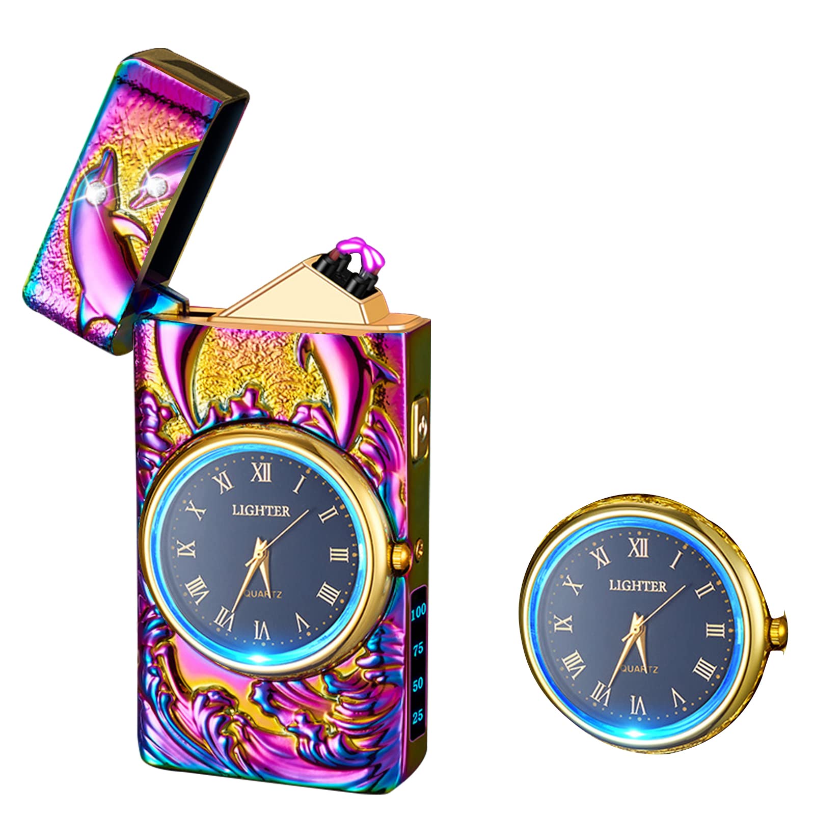 Watch Lighter Dual Arc Plasma Electric Lighters USB Rechargeable Lighters with LED Battery Display Cool Lighter with Clock & Flashlight,Unique Gift for Men and Women (Boat Blue)
