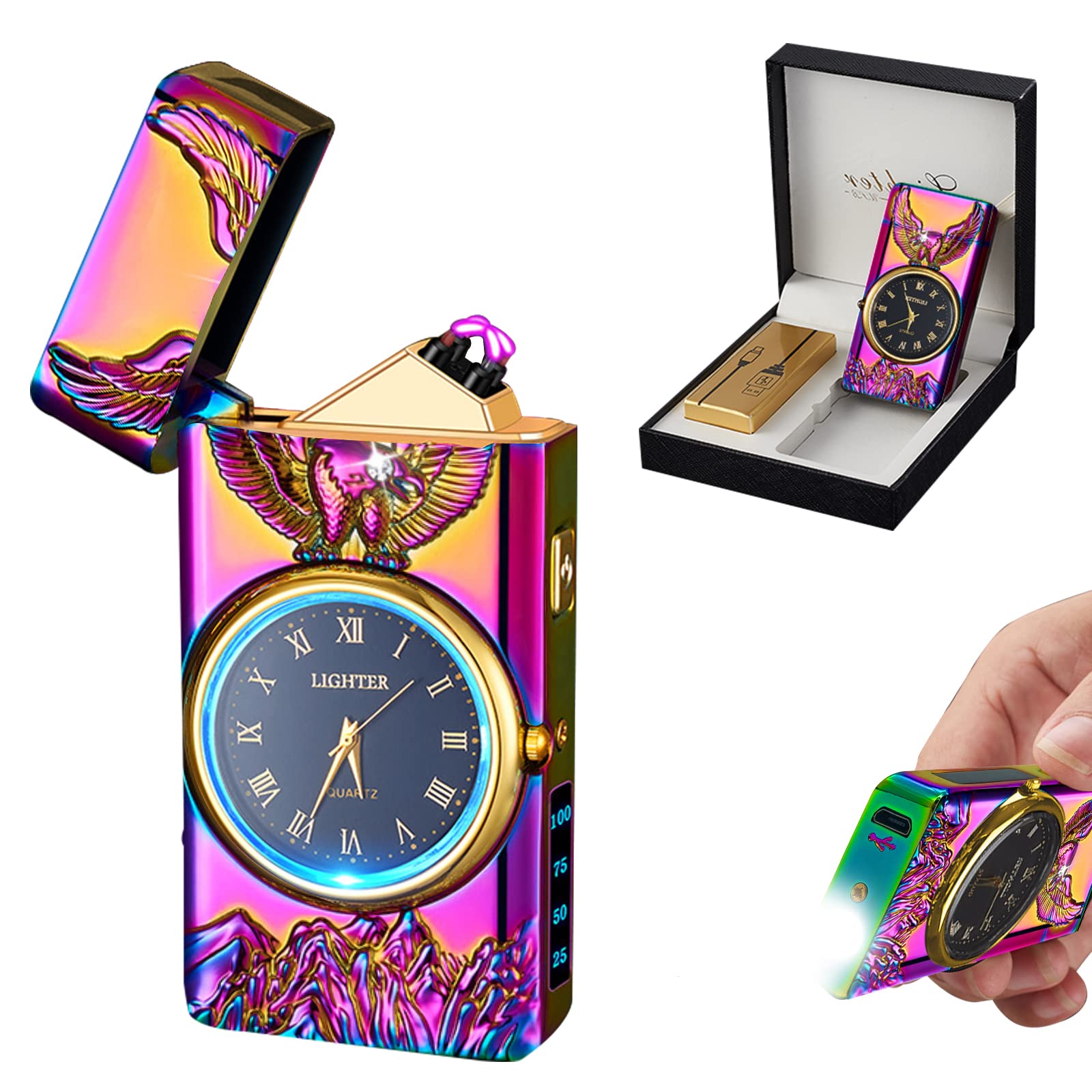 Watch Lighter Dual Arc Plasma Electric Lighters USB Rechargeable Lighters with LED Battery Display Cool Lighter with Clock & Flashlight,Unique Gift for Men and Women (Boat Blue)