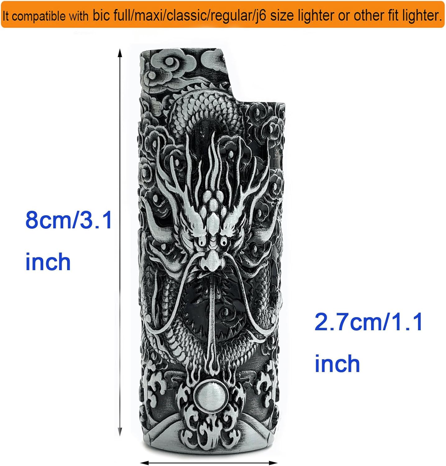 Gift for Men Him Her Husband Dad Metal Vintage Dragon and Bead Double Sided Engraving Pattern Design Lighter Pouch Case Cover Holder Sleeve for BIC Full Size Classic Lighter J6