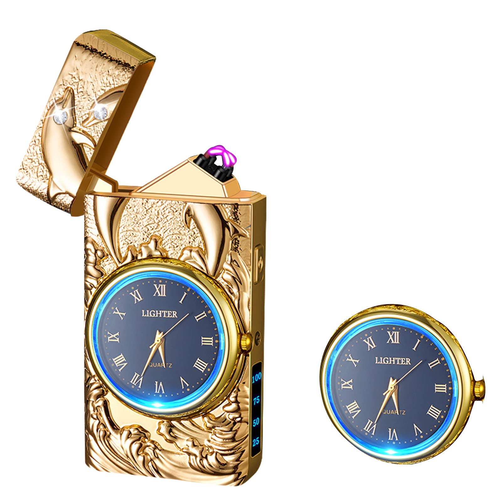 Watch Lighter Dual Arc Plasma Electric Lighters USB Rechargeable Lighters with LED Battery Display Cool Lighter with Clock & Flashlight,Unique Gift for Men and Women (Boat Blue)