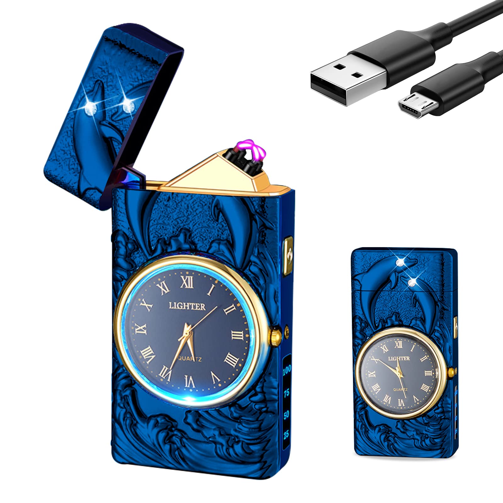 Electric Lighter with Clock YOZWOO USB Rechargeable Lighter with LED Light, Plasma Dual Arc Lighters with LED Power Display for Candle, Cool Lighters Gifts for Men and Women (Gold-Boat)