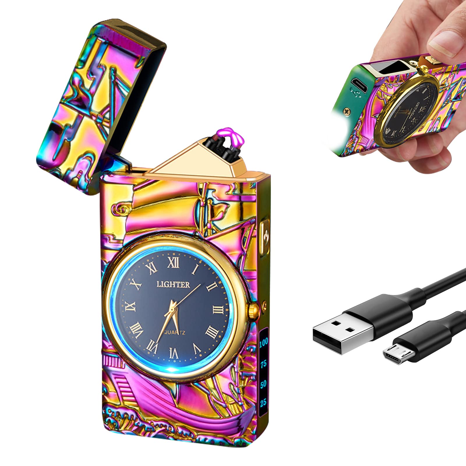 Watch Lighter Dual Arc Plasma Electric Lighters USB Rechargeable Lighters with LED Battery Display Cool Lighter with Clock & Flashlight,Unique Gift for Men and Women (Boat Blue)