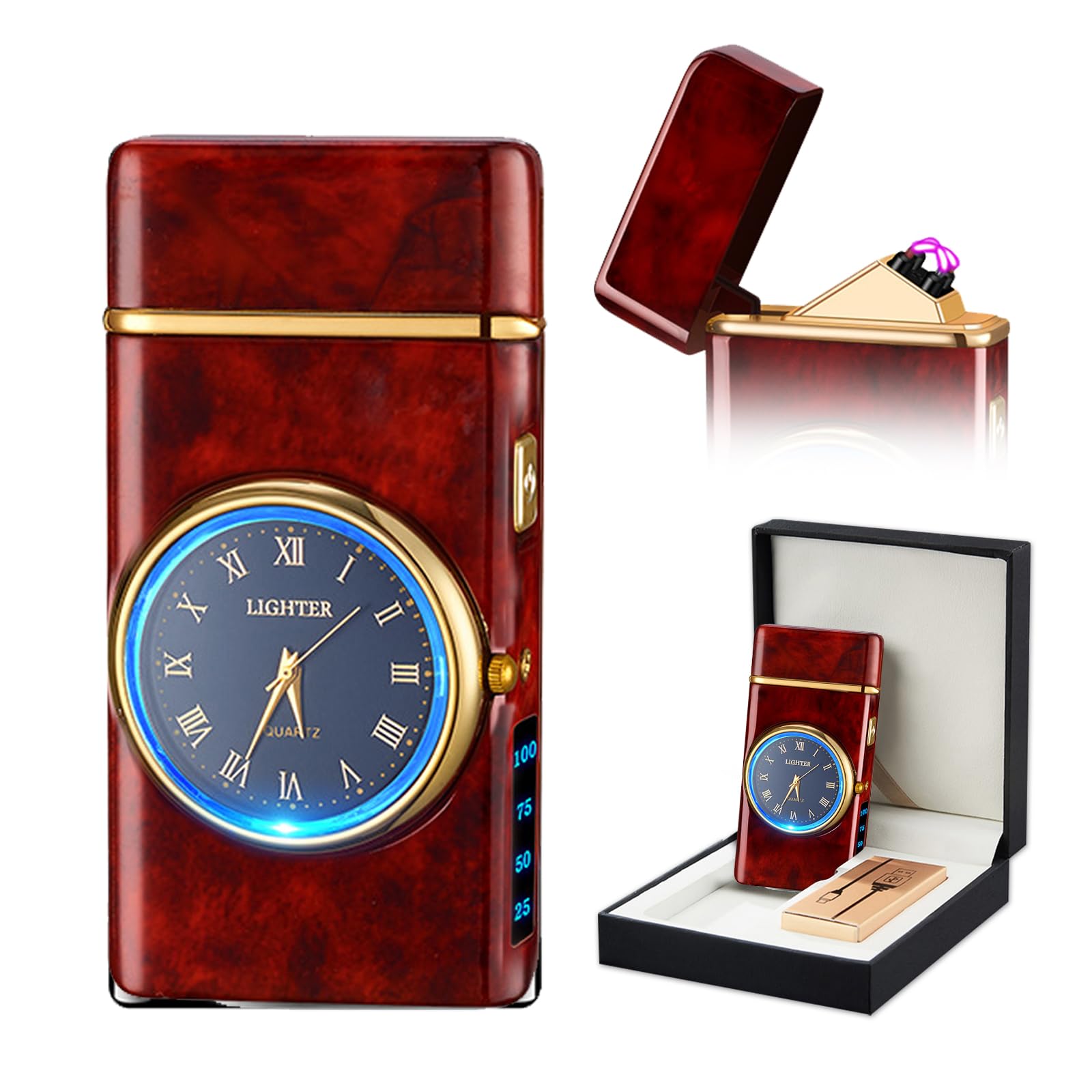 Watch Lighter Dual Arc Plasma Electric Lighters USB Rechargeable Lighters with LED Battery Display Cool Lighter with Clock & Flashlight,Unique Gift for Men and Women (Boat Blue)