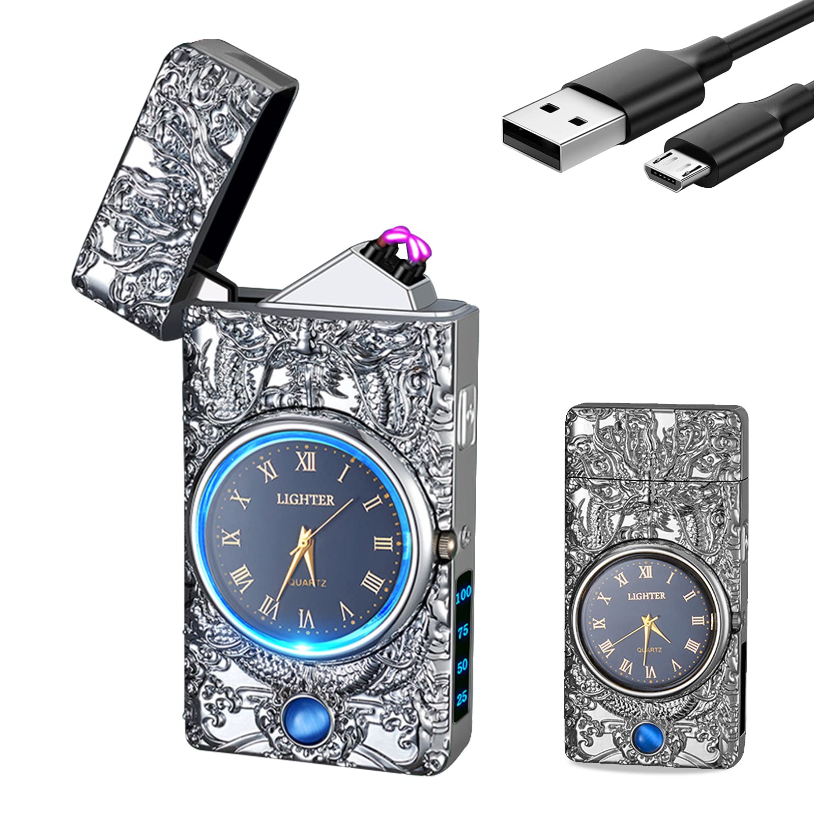 Electric Lighter with Clock YOZWOO USB Rechargeable Lighter with LED Light, Plasma Dual Arc Lighters with LED Power Display for Candle, Cool Lighters Gifts for Men and Women (Gold-Boat)
