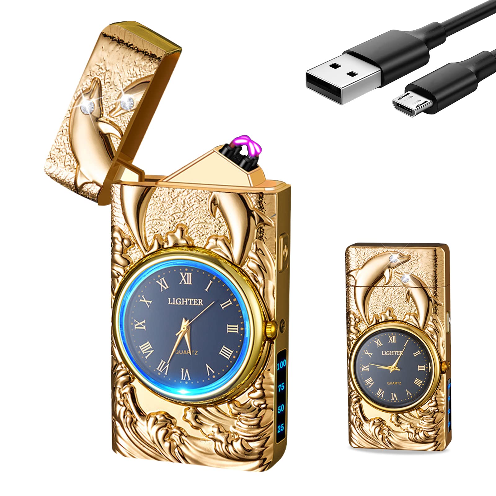 Electric Lighter with Clock YOZWOO USB Rechargeable Lighter with LED Light, Plasma Dual Arc Lighters with LED Power Display for Candle, Cool Lighters Gifts for Men and Women (Gold-Boat)