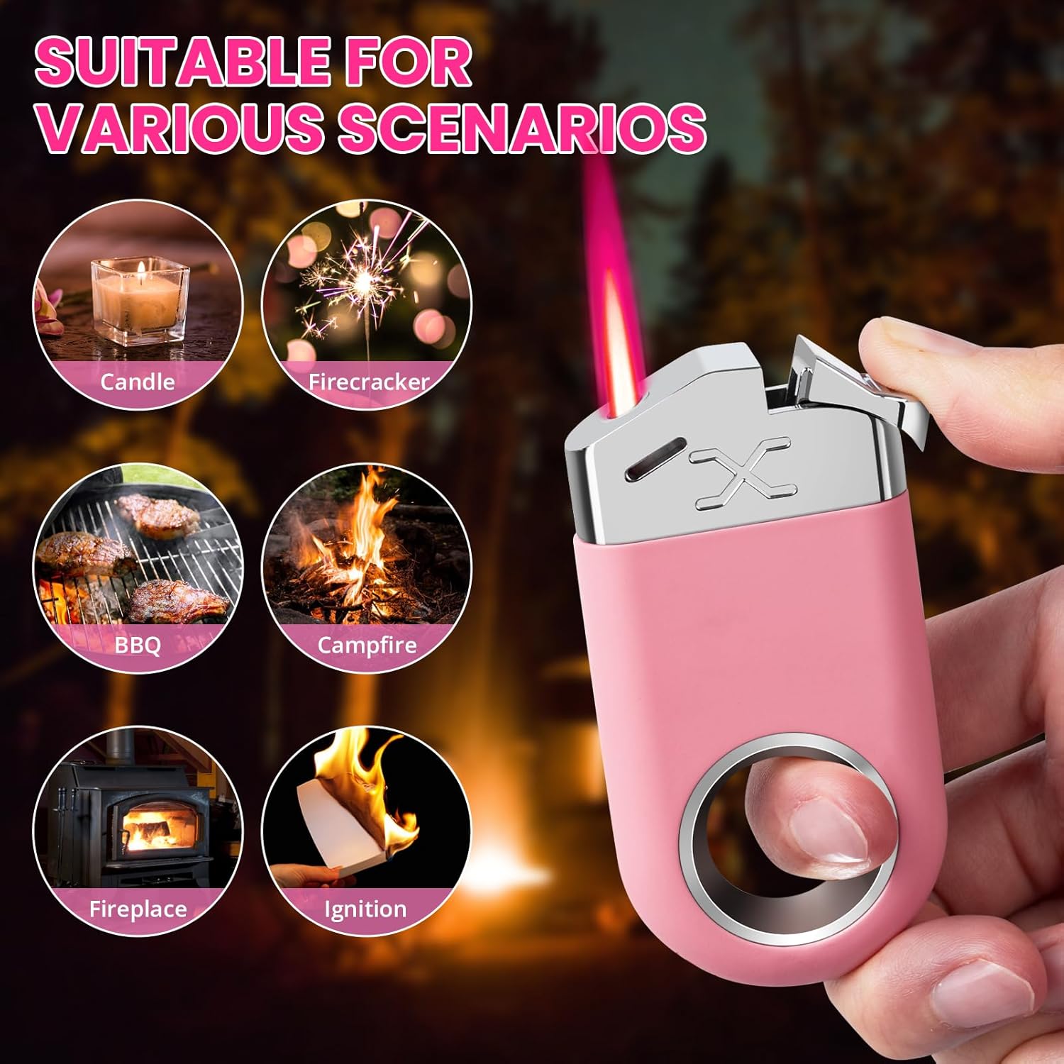 Cool Lighter with Funny Fidget Ring, Pink Keychain Lighters Refillable Butane Torch for Candle BBQ, Creative Gifts for Men Women, EDC Spinner Lighter with Windproof Jet Flame