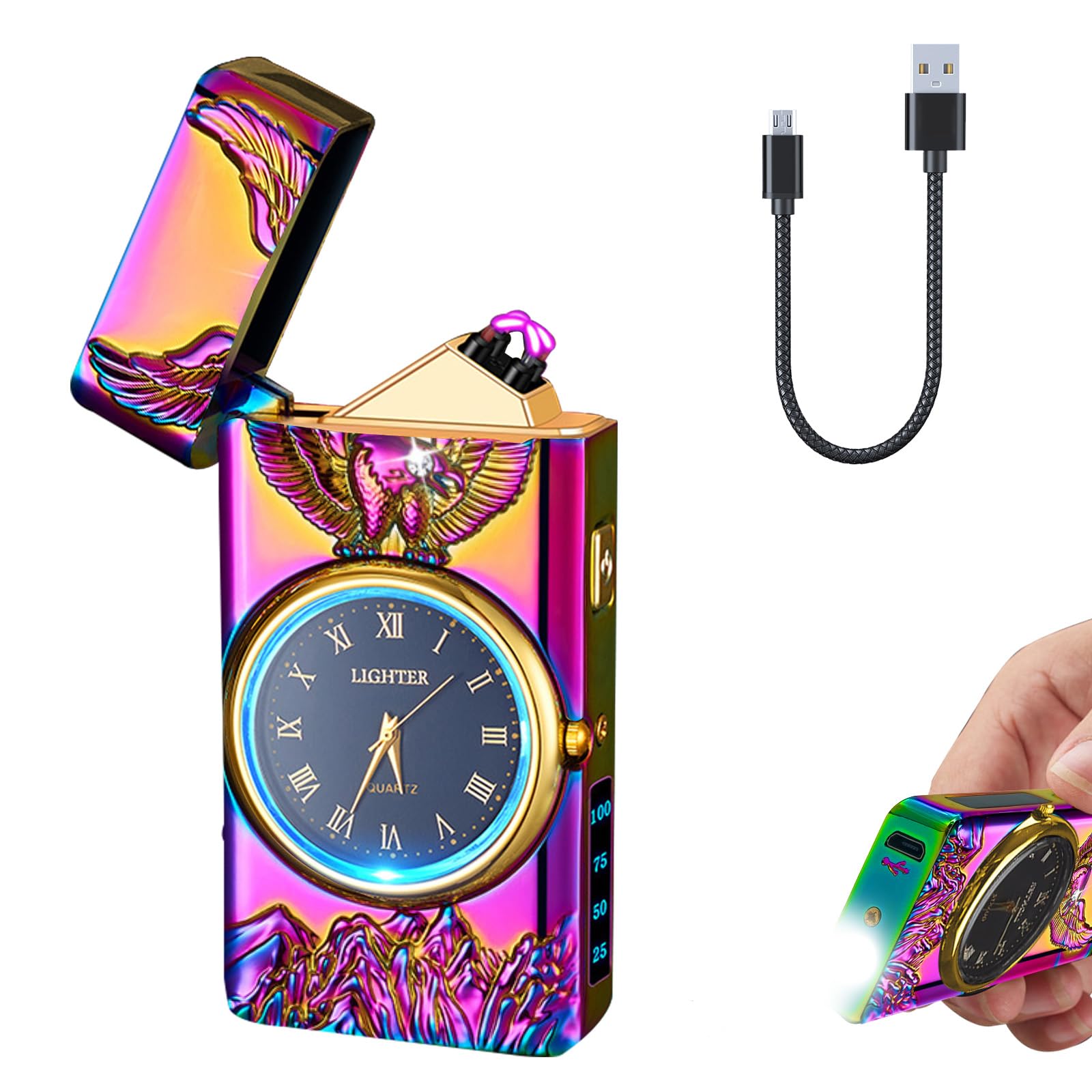 Electric Lighter with Clock YOZWOO USB Rechargeable Lighter with LED Light, Plasma Dual Arc Lighters with LED Power Display for Candle, Cool Lighters Gifts for Men and Women (Gold-Boat)
