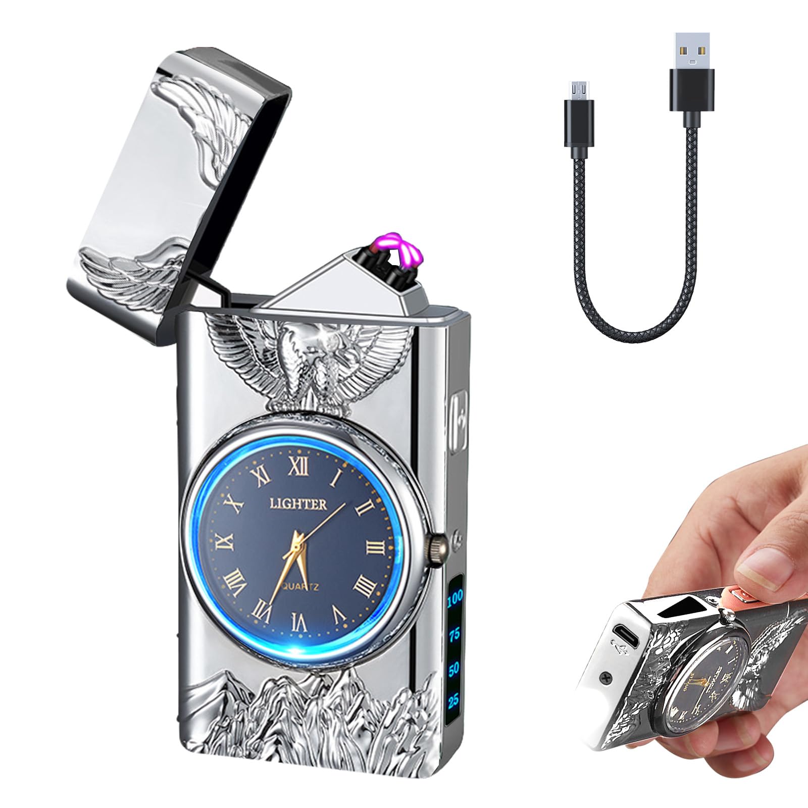Electric Lighter with Clock YOZWOO USB Rechargeable Lighter with LED Light, Plasma Dual Arc Lighters with LED Power Display for Candle, Cool Lighters Gifts for Men and Women (Gold-Boat)