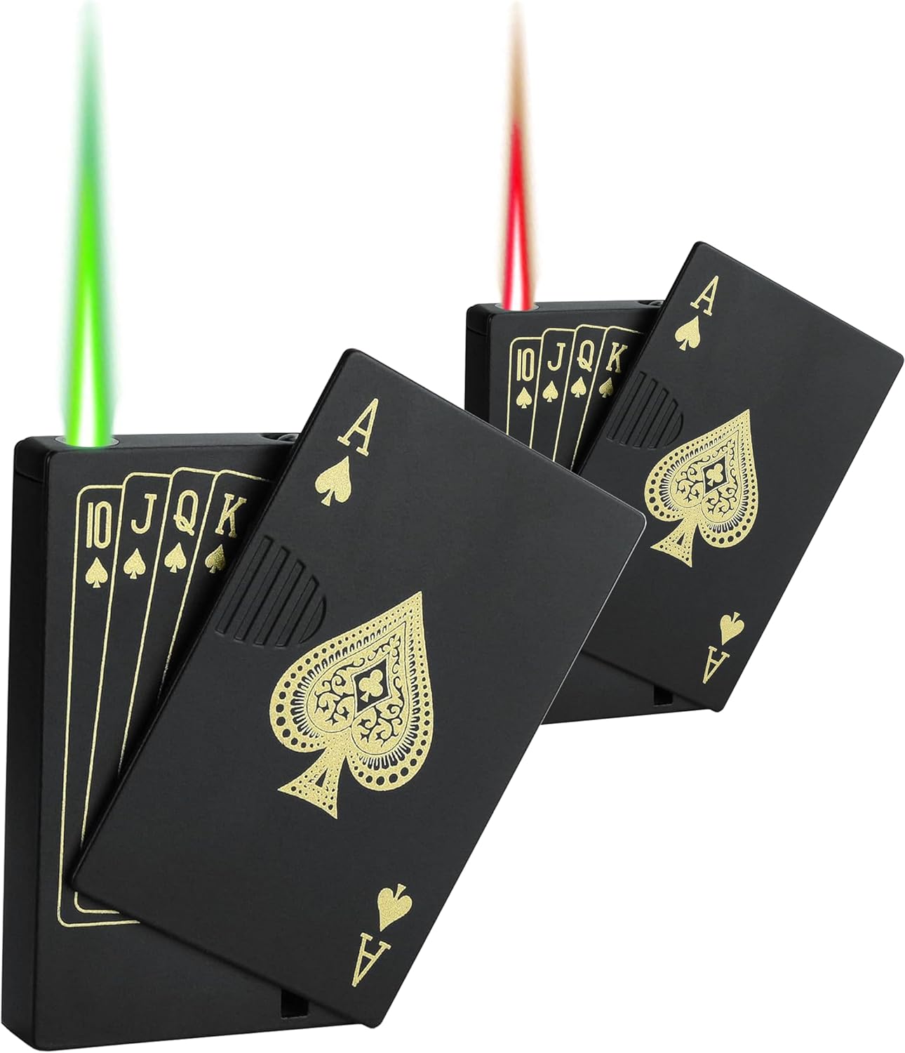 Jet Torch Lighter, 2 Pack, Green+Red Flame Ace Card Lighter, Cool Lighter Windproof Poker Design, Refillable Butane, for Outdoor, Indoor, Camping, BBQ, Candle, Birthday, Gift (Without Gas)