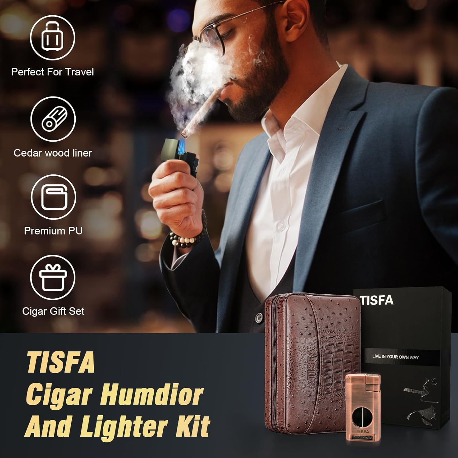 TISFA Cigar Case, Leather Cigar Humidor with Cigar Lighter, V Cut Cigar Cutter, Cigar Holder 3 in 1, Portable Cedar Wood Cigar Box with Humidifier Hygrometer, Cigar Accessories Gifts (Embossed Brown)