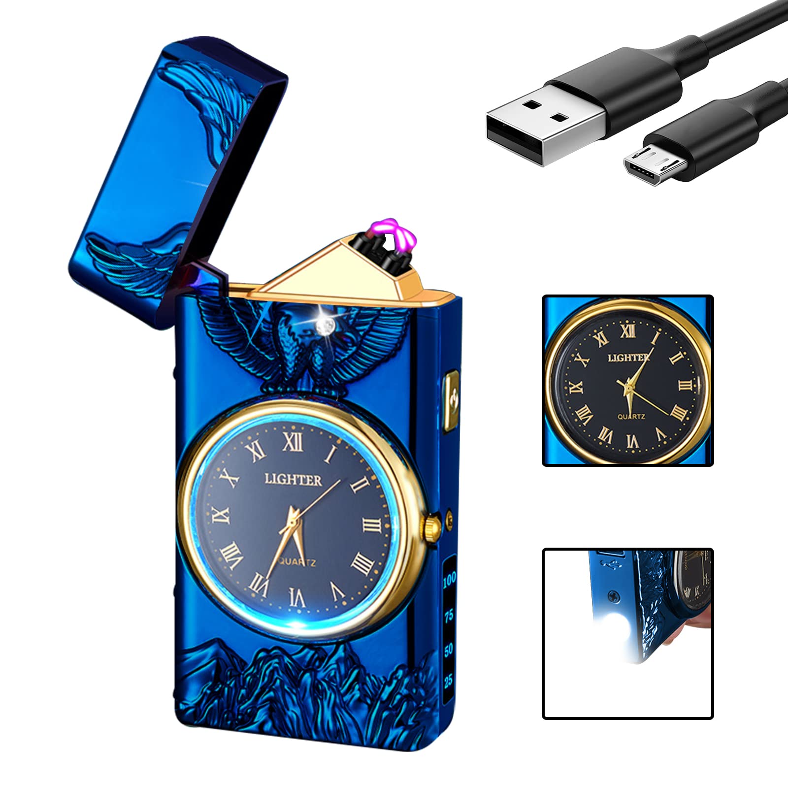 Watch Lighter Dual Arc Plasma Electric Lighters USB Rechargeable Lighters with LED Battery Display Cool Lighter with Clock & Flashlight,Unique Gift for Men and Women (Boat Blue)