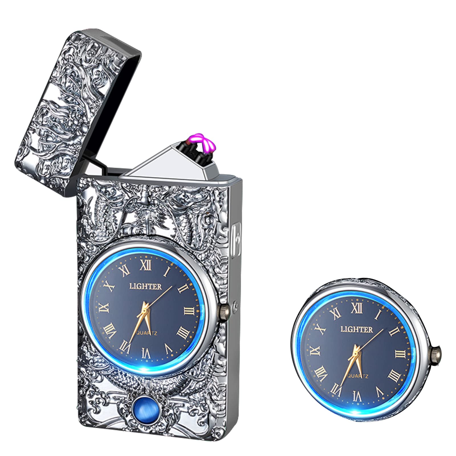 Watch Lighter Dual Arc Plasma Electric Lighters USB Rechargeable Lighters with LED Battery Display Cool Lighter with Clock & Flashlight,Unique Gift for Men and Women (Boat Blue)