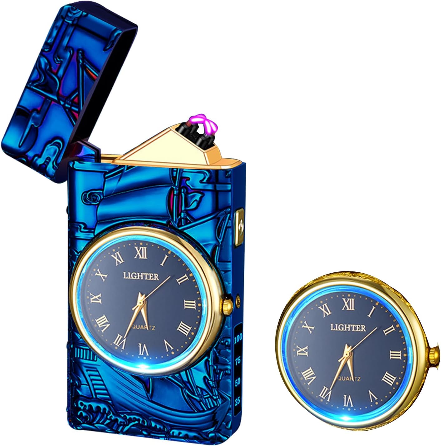 Watch Lighter Dual Arc Plasma Electric Lighters USB Rechargeable Lighters with LED Battery Display Cool Lighter with Clock & Flashlight,Unique Gift for Men and Women (Boat Blue)