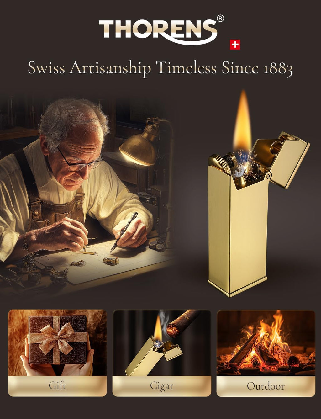 Swiss Vintage Brass Soft-Flame Kerosene Lighter, Refillable, Compact, Grinding Wheel, Unique, Gift Box, Thorens Long Fellow - Inclined Wheel Ignition​