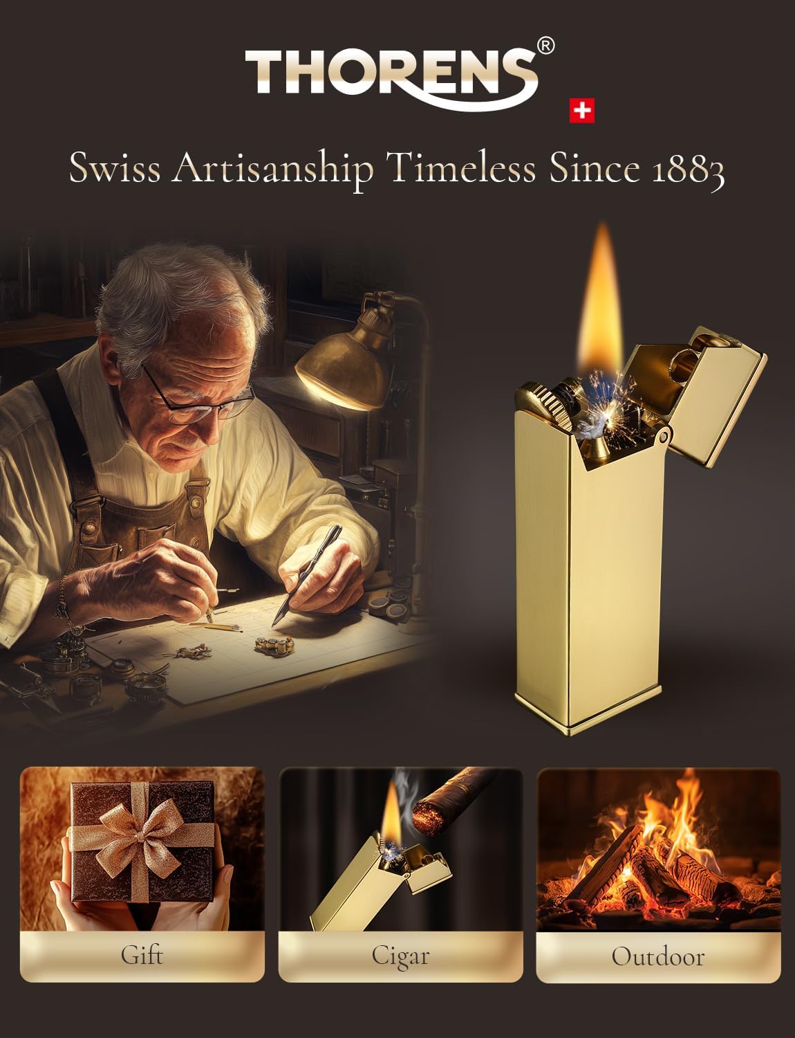 Swiss Vintage Brass Soft-Flame Kerosene Lighter, Refillable, Compact, Grinding Wheel, Unique, Gift Box, Thorens Long Fellow - Inclined Wheel Ignition​