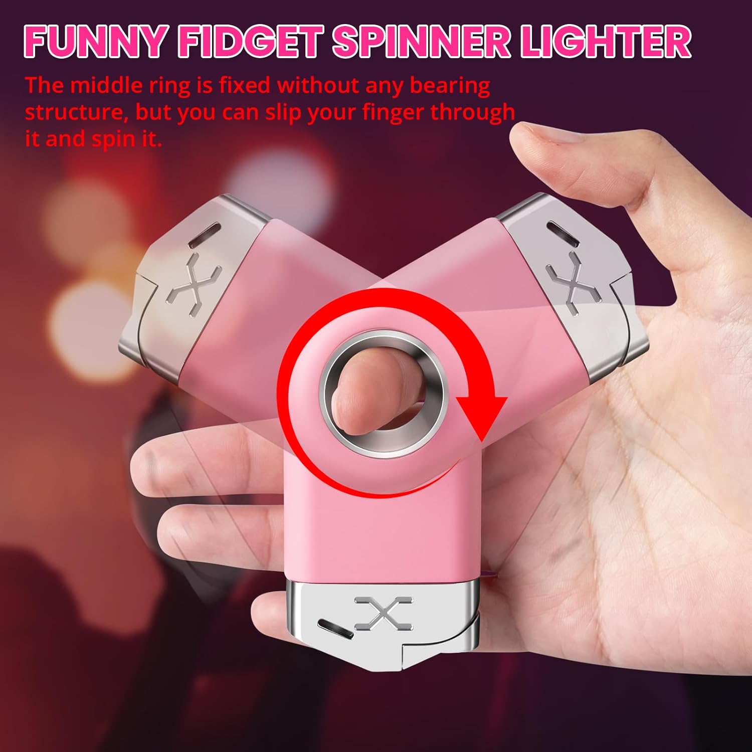 Cool Lighter with Funny Fidget Ring, Pink Keychain Lighters Refillable Butane Torch for Candle BBQ, Creative Gifts for Men Women, EDC Spinner Lighter with Windproof Jet Flame
