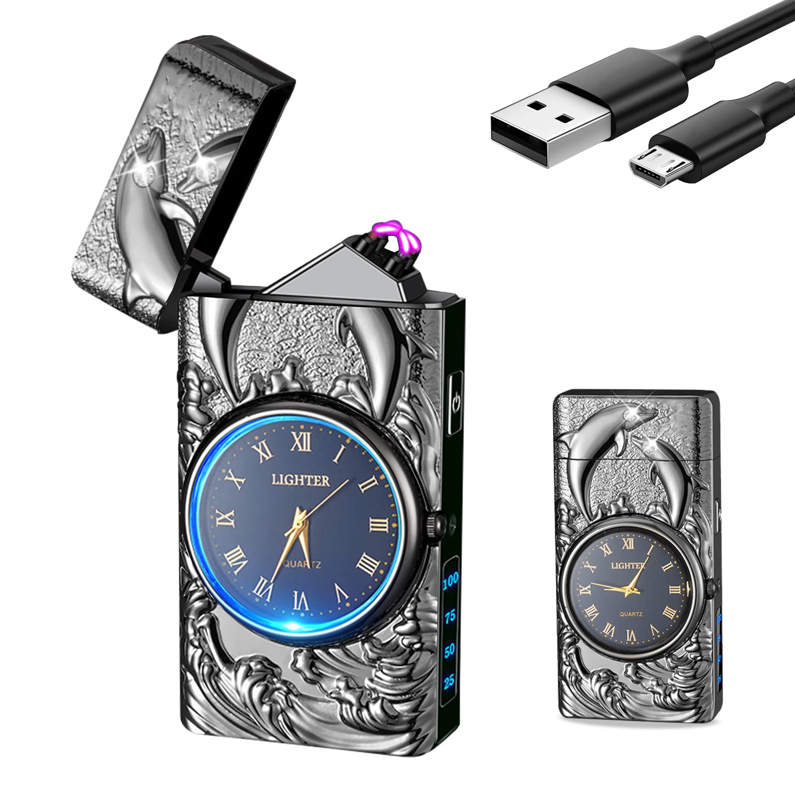 Electric Lighter with Clock YOZWOO USB Rechargeable Lighter with LED Light, Plasma Dual Arc Lighters with LED Power Display for Candle, Cool Lighters Gifts for Men and Women (Gold-Boat)