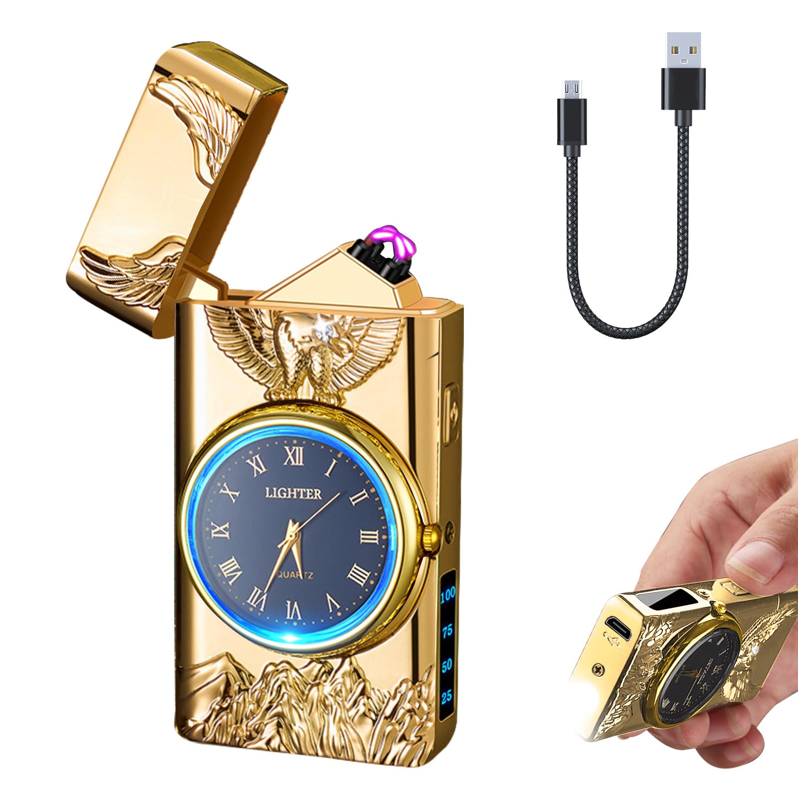 Electric Lighter with Clock YOZWOO USB Rechargeable Lighter with LED Light, Plasma Dual Arc Lighters with LED Power Display for Candle, Cool Lighters Gifts for Men and Women (Gold-Boat)