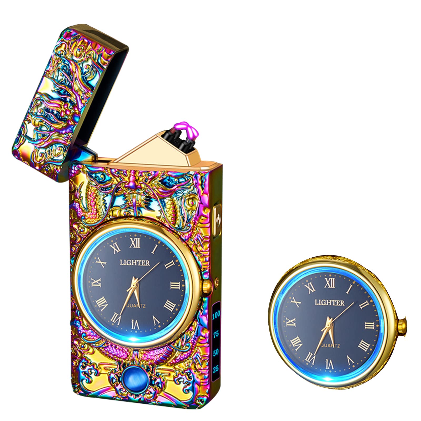 Watch Lighter Dual Arc Plasma Electric Lighters USB Rechargeable Lighters with LED Battery Display Cool Lighter with Clock & Flashlight,Unique Gift for Men and Women (Boat Blue)