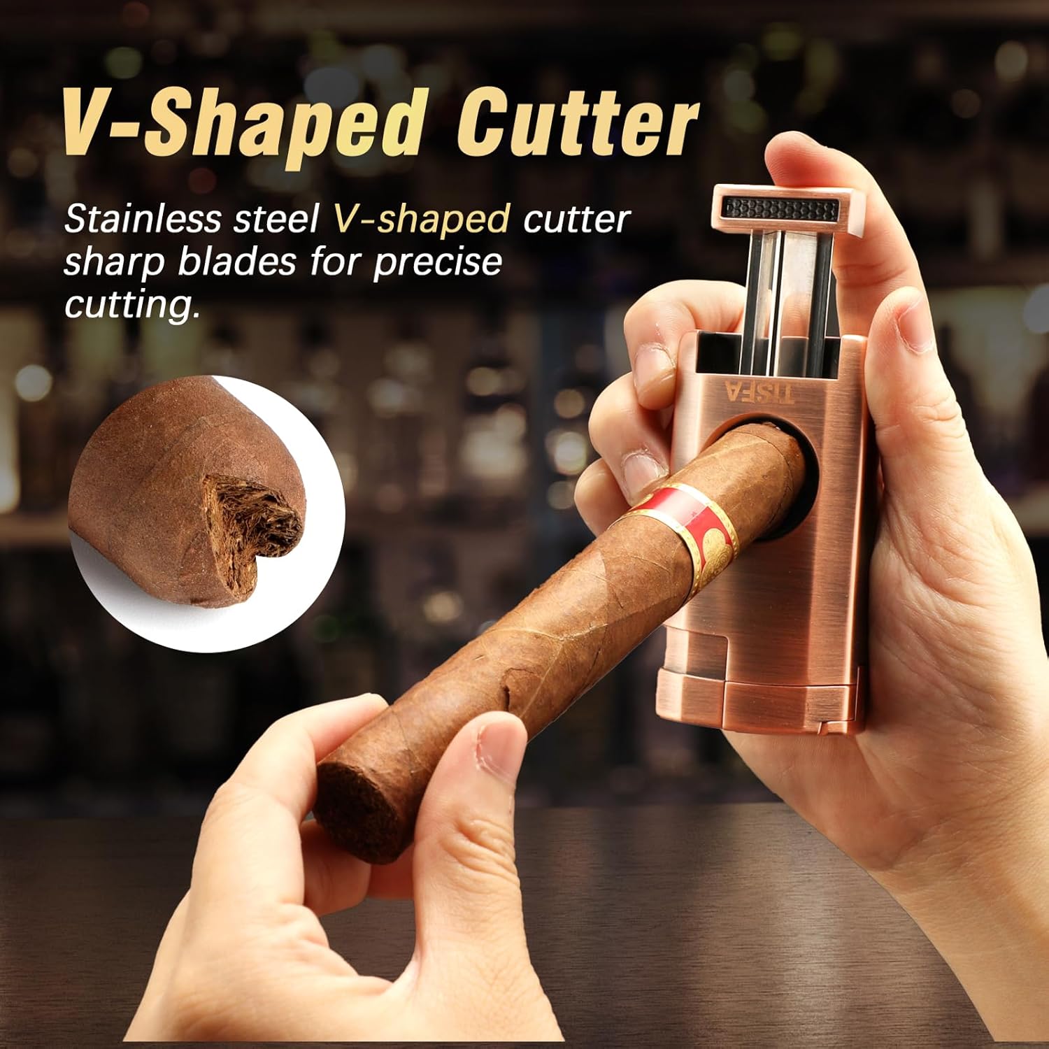 TISFA Cigar Case, Leather Cigar Humidor with Cigar Lighter, V Cut Cigar Cutter, Cigar Holder 3 in 1, Portable Cedar Wood Cigar Box with Humidifier Hygrometer, Cigar Accessories Gifts (Embossed Brown)