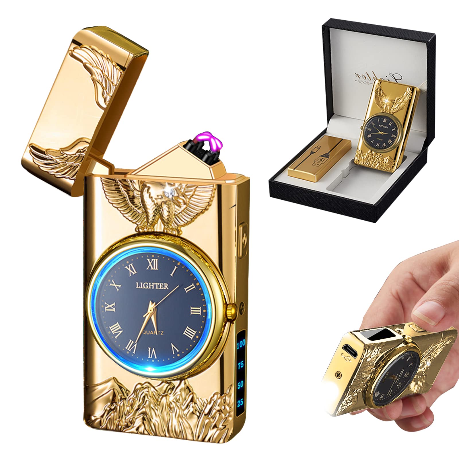 Watch Lighter Dual Arc Plasma Electric Lighters USB Rechargeable Lighters with LED Battery Display Cool Lighter with Clock & Flashlight,Unique Gift for Men and Women (Boat Blue)