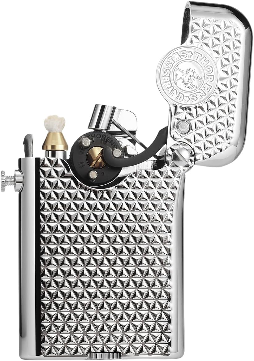 Classic Retro Refillable Brass Kerosene Lighter,Collectible,Soft-Flame,Automatic Ignition,Safety Lock,Electroplated Chrome Color,Engraving,Gift Box,Men's Gift,Thorens Gen 3-Single Claw Diamond Grid