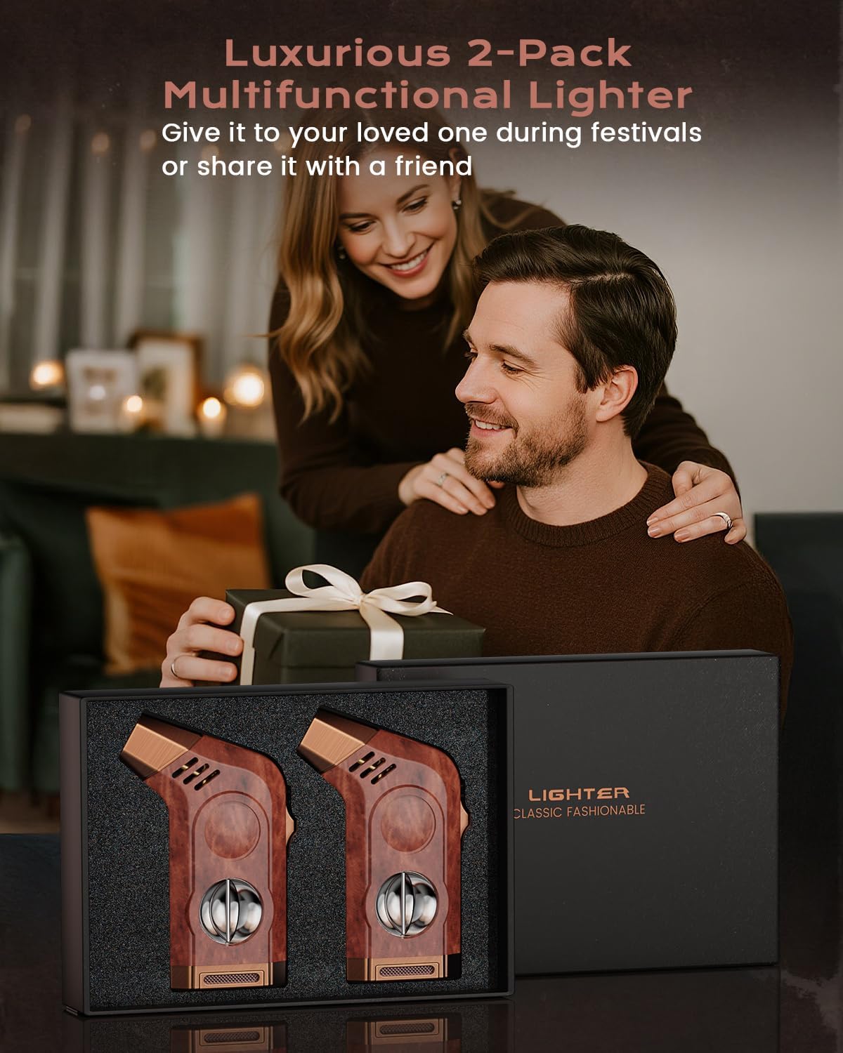 2-Pack Torch Lighter with Windproof Jet Flame, Holder, Built-in Cutter, All-in-one Lighter Accessories, Lighters for Men with Gift Box, Refillable Butane Lighter for Candle, Outdoors