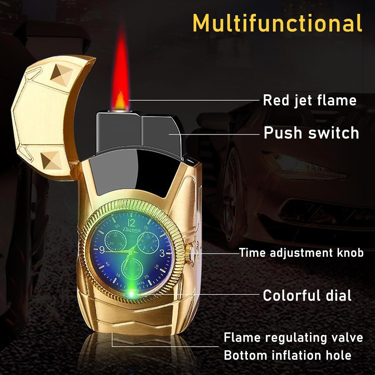 Torch Lighter, Cool Sports Car Lighter - Premium Metal Windproof Adjustable Red Flame, Refillable Butane Gas Lighter for Outdoor Indoor (Without Butane), Ideal Gift for Men & Women-Black