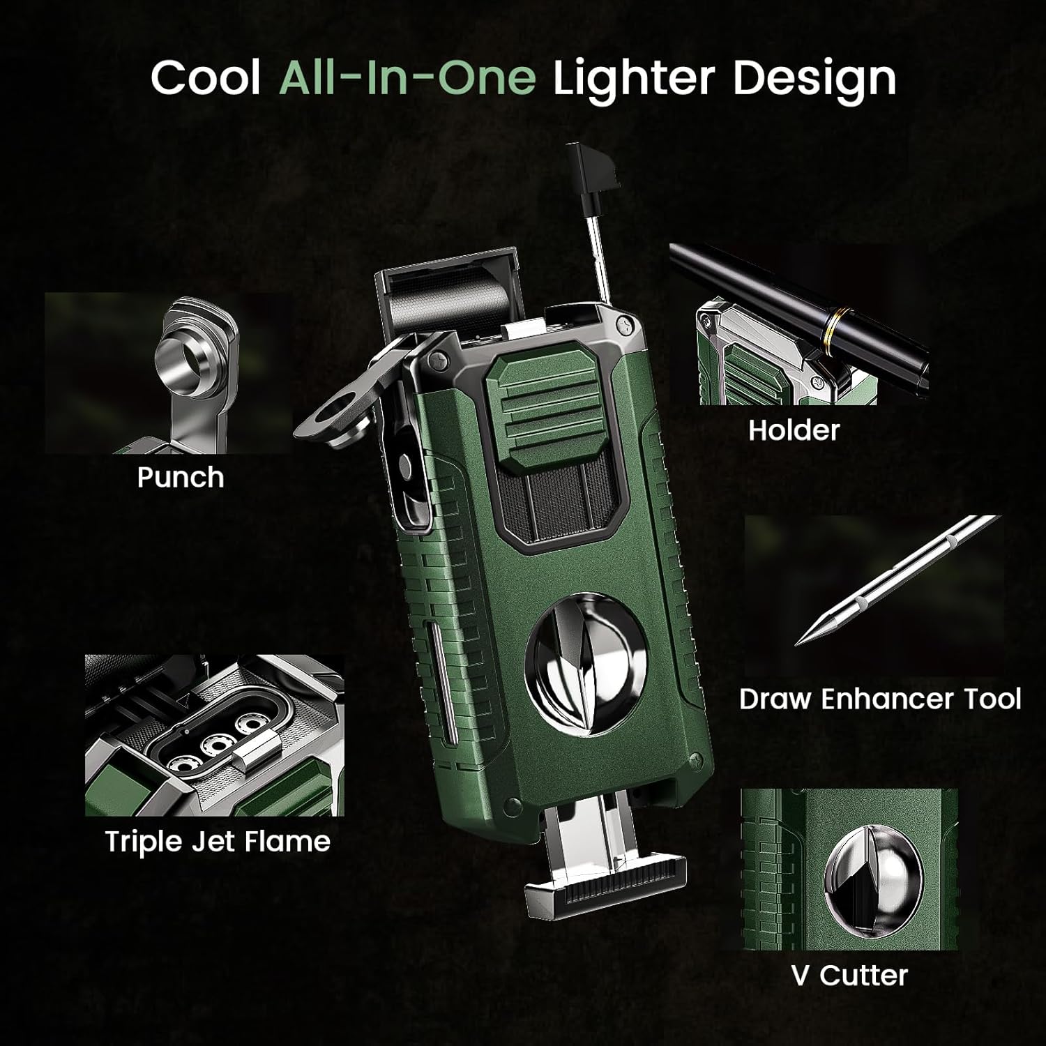 5-in-1 Torch Lighter with Cutter, Punch, Holder, and Draw Enhancer Tool, Triple Windproof Flame, All-in-one Lighter with Multi-Functional Accessory, Refillable Butane Lighter with Gift Box for Men
