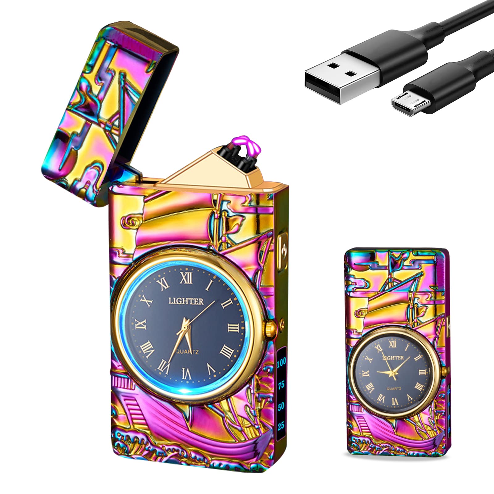 Electric Lighter with Clock YOZWOO USB Rechargeable Lighter with LED Light, Plasma Dual Arc Lighters with LED Power Display for Candle, Cool Lighters Gifts for Men and Women (Gold-Boat)