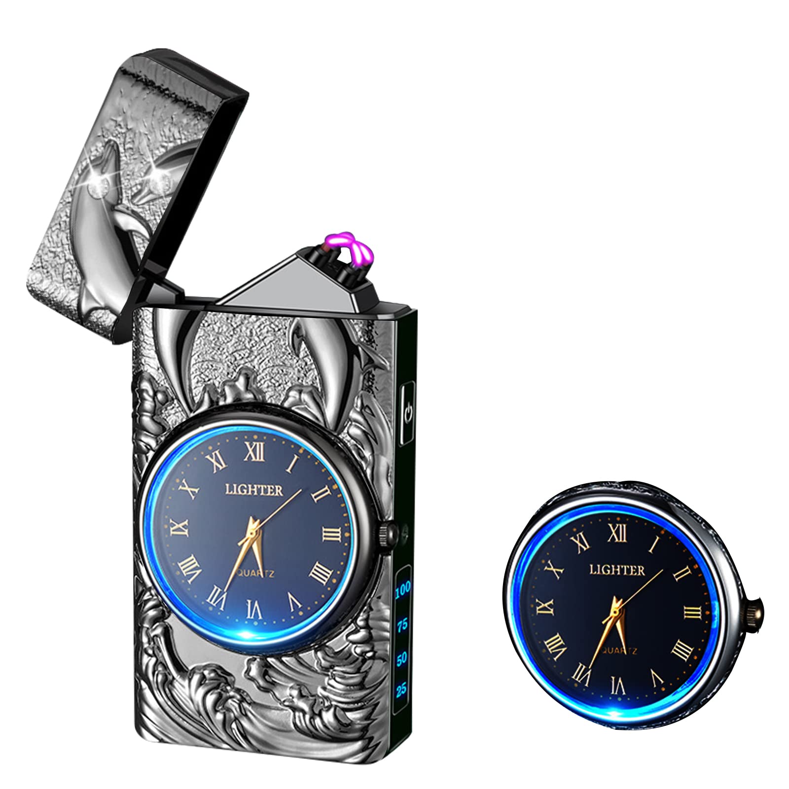 Watch Lighter Dual Arc Plasma Electric Lighters USB Rechargeable Lighters with LED Battery Display Cool Lighter with Clock & Flashlight,Unique Gift for Men and Women (Boat Blue)