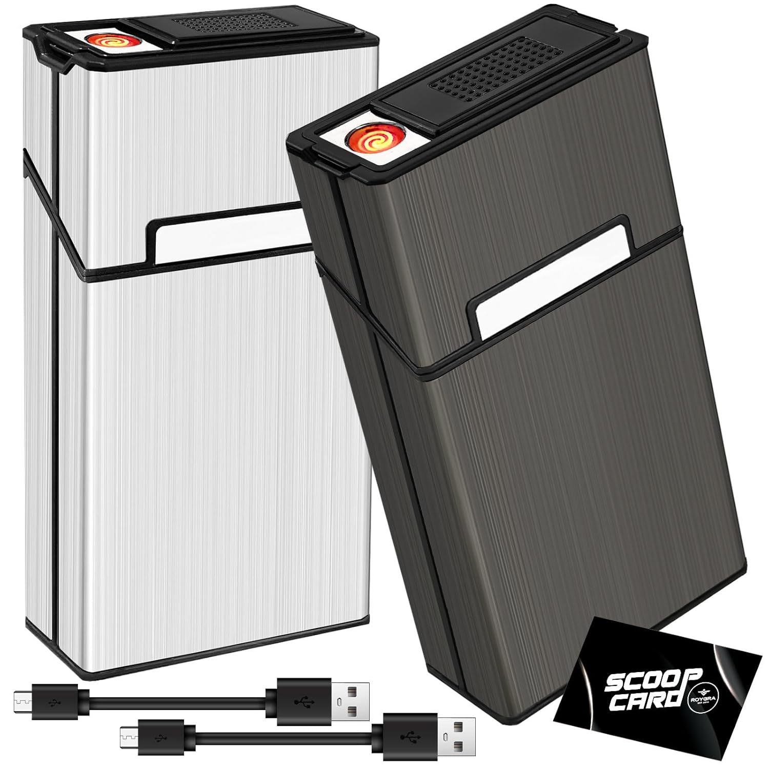 roygra Cigarette Case with Lighter 100s King Size (2 Pack), Magnetic Switch 20 Capacity Holder Case for Men Women, Cigarettes Smoking Accessories, Rechargeable Flameless Windproof Electric Lighters