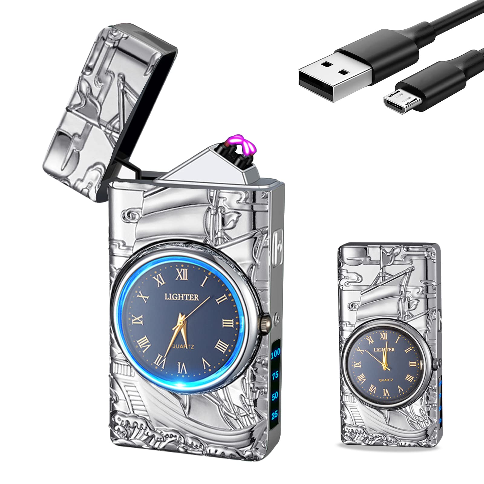 Electric Lighter with Clock YOZWOO USB Rechargeable Lighter with LED Light, Plasma Dual Arc Lighters with LED Power Display for Candle, Cool Lighters Gifts for Men and Women (Gold-Boat)