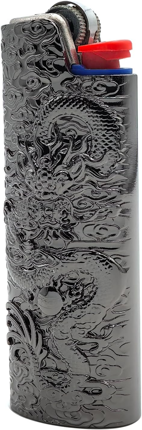 Metal Lighter Case Cover Holder Vintage Dragon Engraving for BIC Full Size Lighter J6