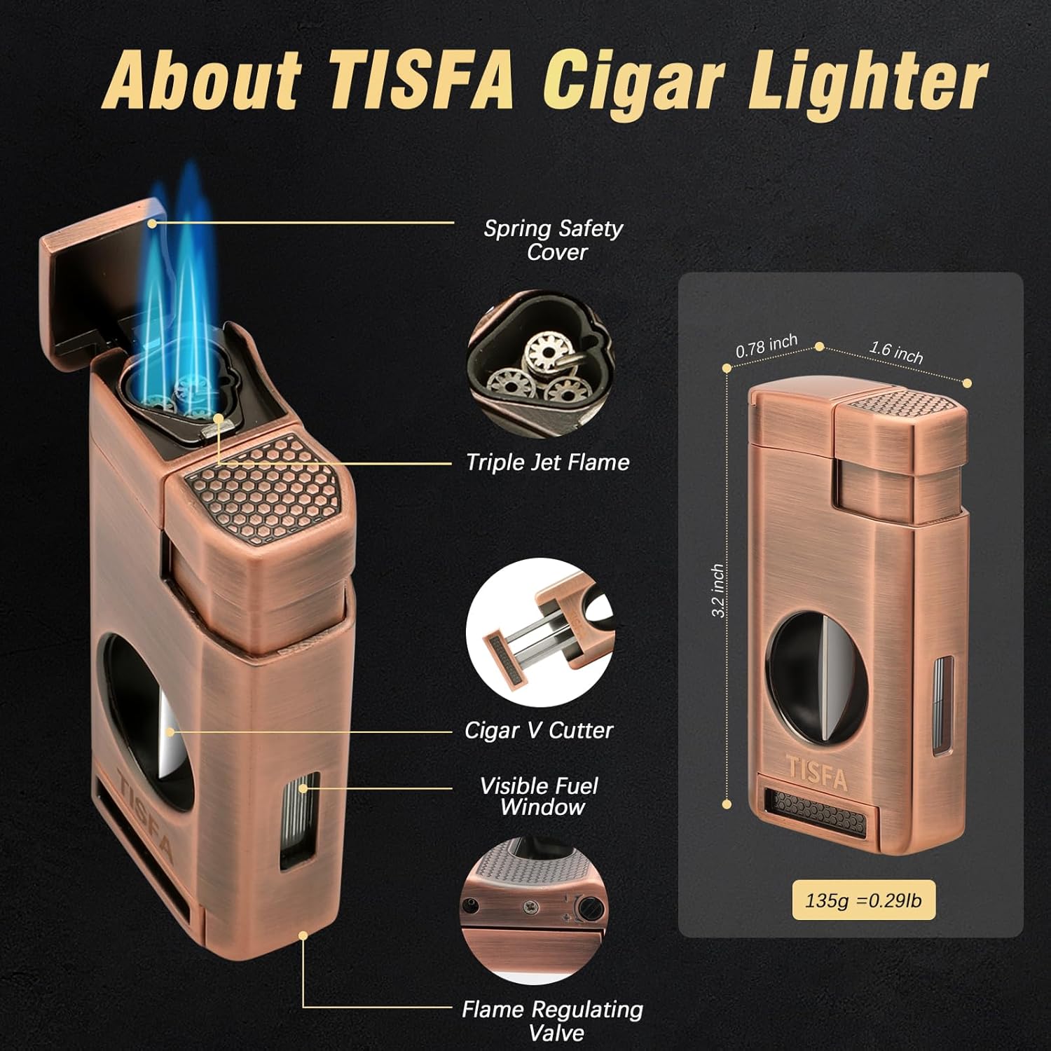 TISFA Cigar Case, Leather Cigar Humidor with Cigar Lighter, V Cut Cigar Cutter, Cigar Holder 3 in 1, Portable Cedar Wood Cigar Box with Humidifier Hygrometer, Cigar Accessories Gifts (Embossed Brown)