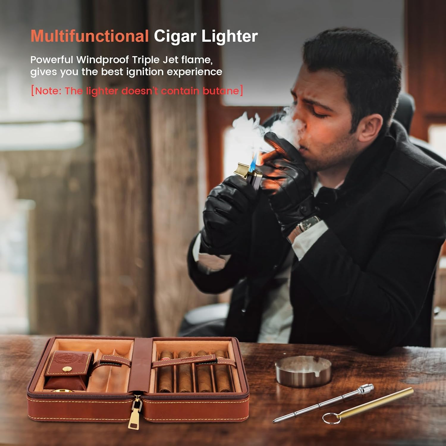 Travel Cigar Humidor, Cedar Wood Lined, with All-in-one Cigar Lighter, Built-in V Cutter& Holder, Cigar Draw Enhancer, Hygrometer & Humidifier, Leather Cigar Case with Cigar Accessories Hold 6 Cigars