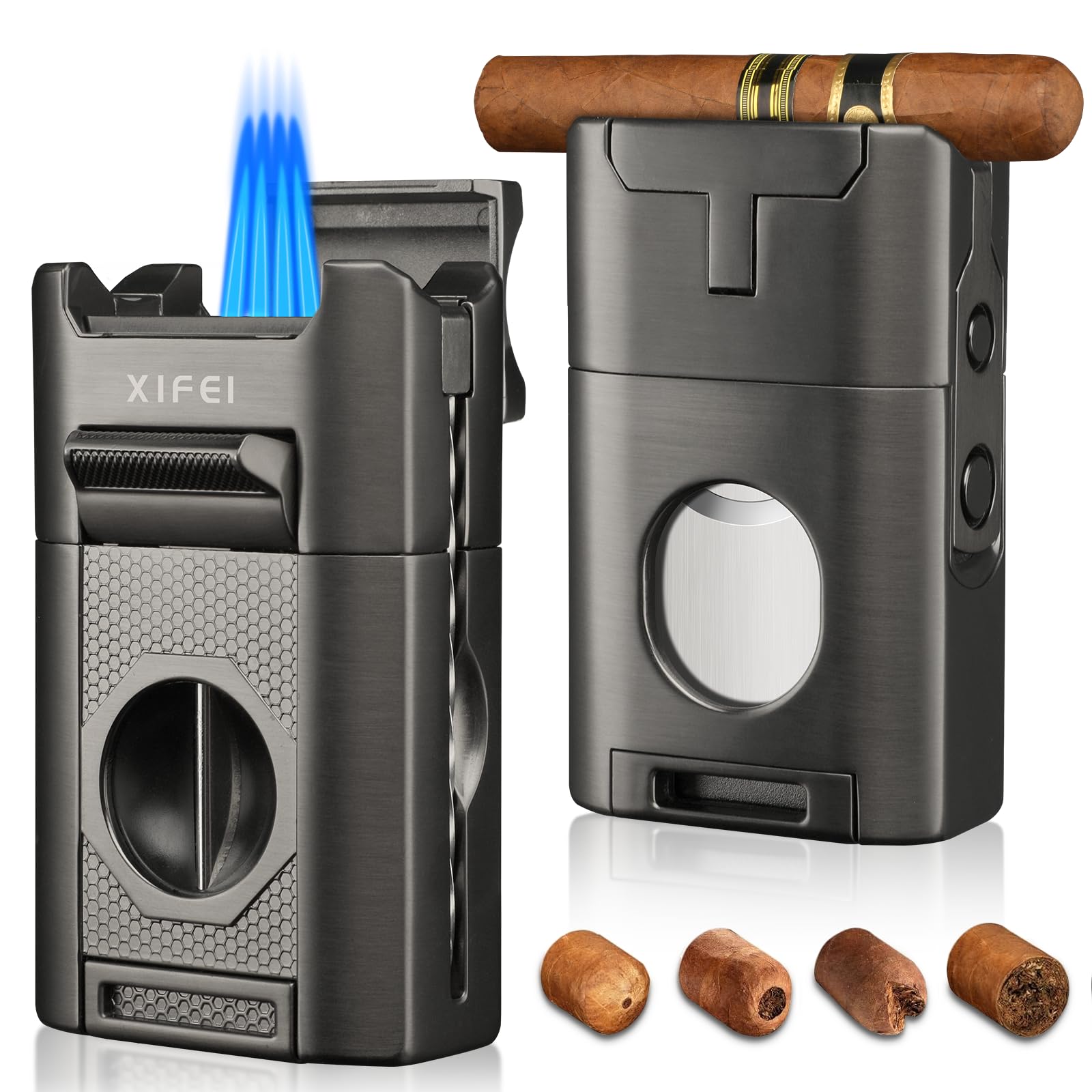 XIFEI 6-in-1 Desktop Lighter, 4 Jet Flame Torch with Straight & V-Cut Cutter, Dual Cigar Punch, Cigar Draw Enhancer, Holder, Refillable Butane Lighter with Gift Box (Bronze)