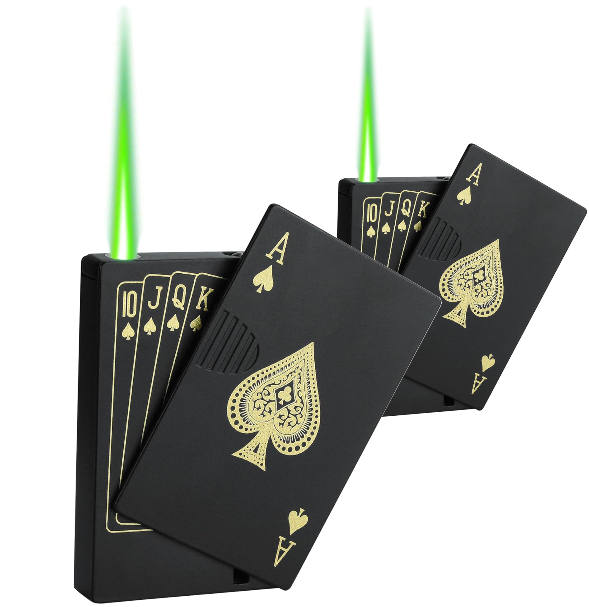 Jet Torch Lighter, 2 Pack, Green+Red Flame Ace Card Lighter, Cool Lighter Windproof Poker Design, Refillable Butane, for Outdoor, Indoor, Camping, BBQ, Candle, Birthday, Gift (Without Gas)