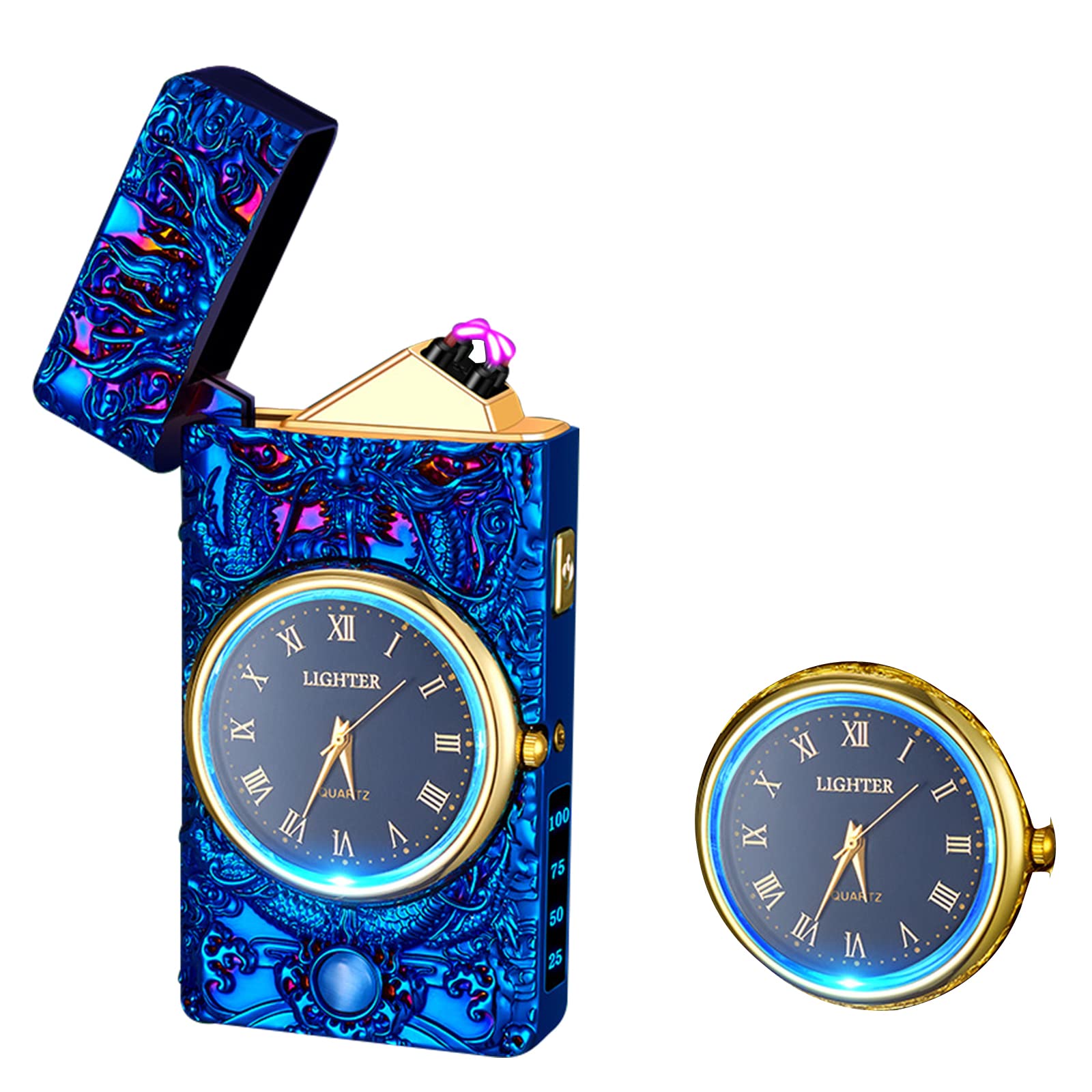 Watch Lighter Dual Arc Plasma Electric Lighters USB Rechargeable Lighters with LED Battery Display Cool Lighter with Clock & Flashlight,Unique Gift for Men and Women (Boat Blue)
