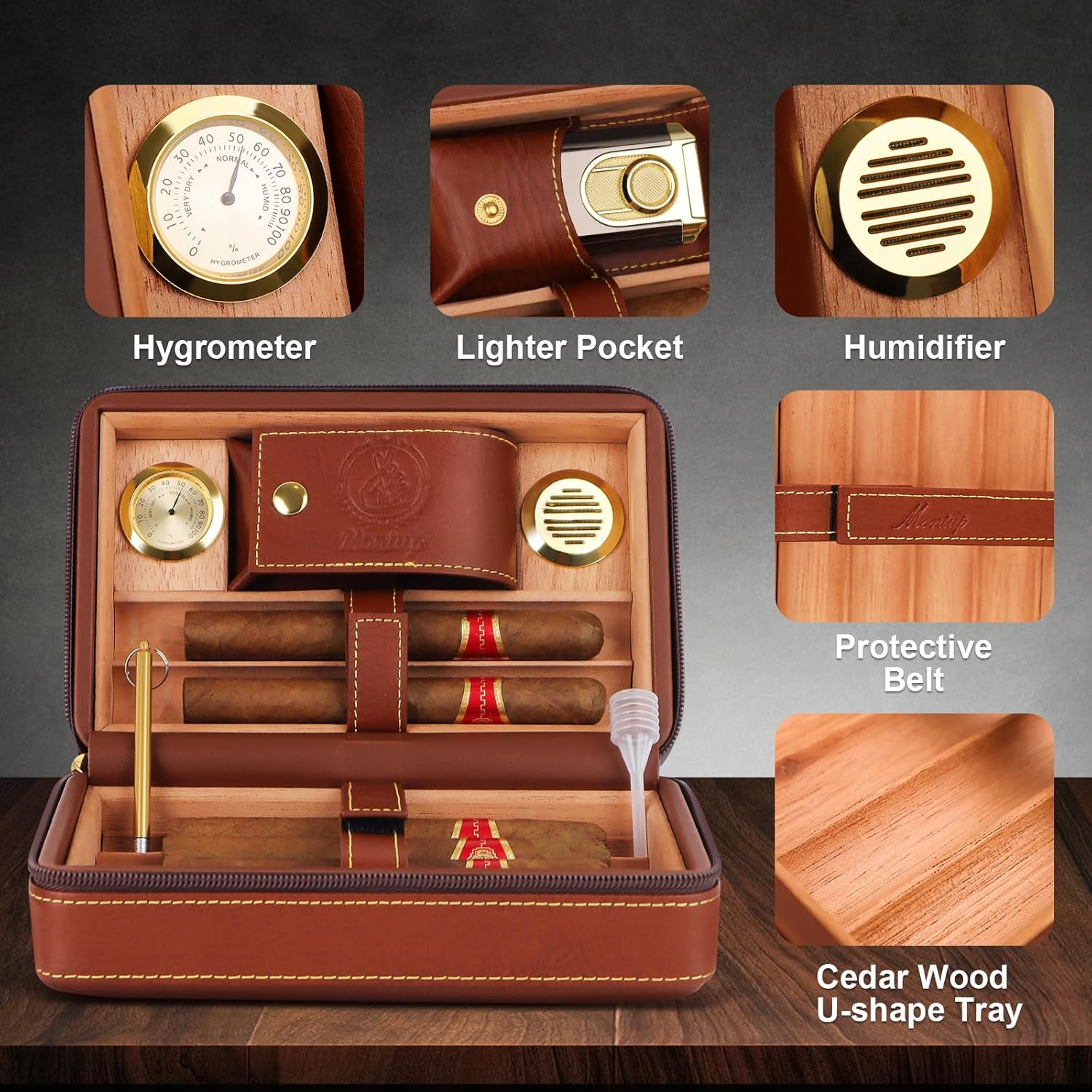 Travel Cigar Humidor, Cedar Wood Lined, with All-in-one Cigar Lighter, Built-in V Cutter& Holder, Cigar Draw Enhancer, Hygrometer & Humidifier, Leather Cigar Case with Cigar Accessories Hold 6 Cigars