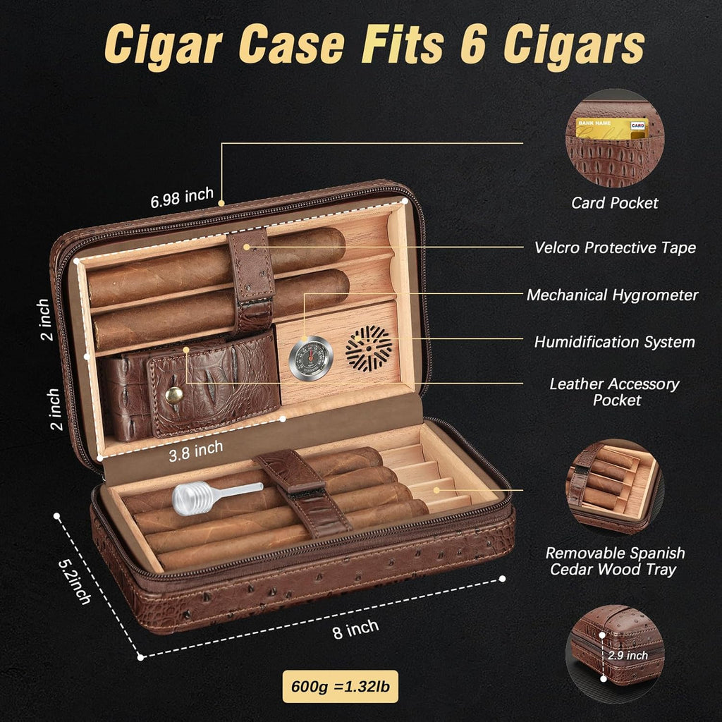 TISFA Cigar Case, Leather Cigar Humidor with Cigar Lighter, V Cut Cigar Cutter, Cigar Holder 3 in 1, Portable Cedar Wood Cigar Box with Humidifier Hygrometer, Cigar Accessories Gifts (Embossed Brown)