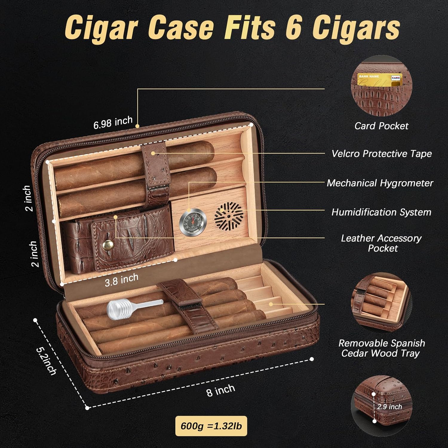 TISFA Cigar Case, Leather Cigar Humidor with Cigar Lighter, V Cut Cigar Cutter, Cigar Holder 3 in 1, Portable Cedar Wood Cigar Box with Humidifier Hygrometer, Cigar Accessories Gifts (Embossed Brown)