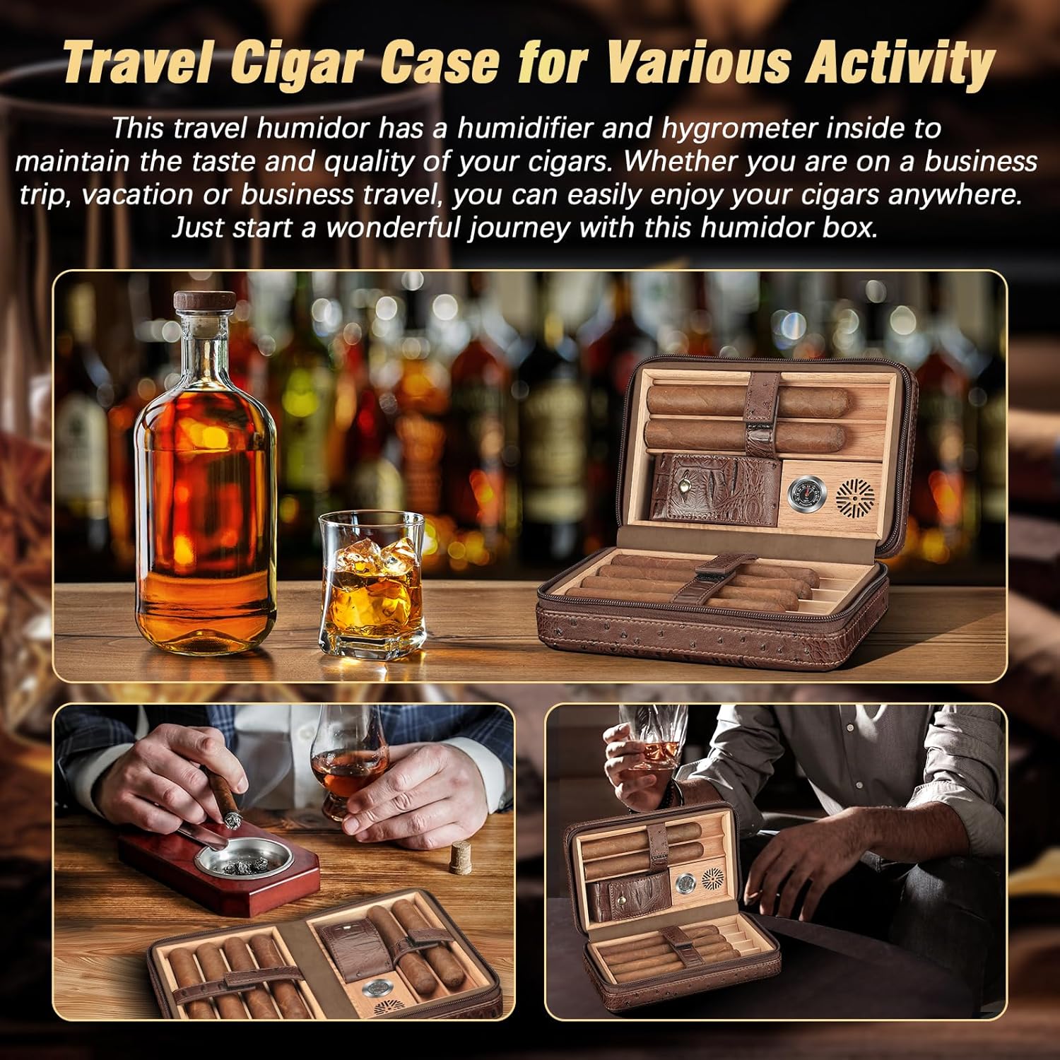 TISFA Cigar Case, Leather Cigar Humidor with Cigar Lighter, V Cut Cigar Cutter, Cigar Holder 3 in 1, Portable Cedar Wood Cigar Box with Humidifier Hygrometer, Cigar Accessories Gifts (Embossed Brown)