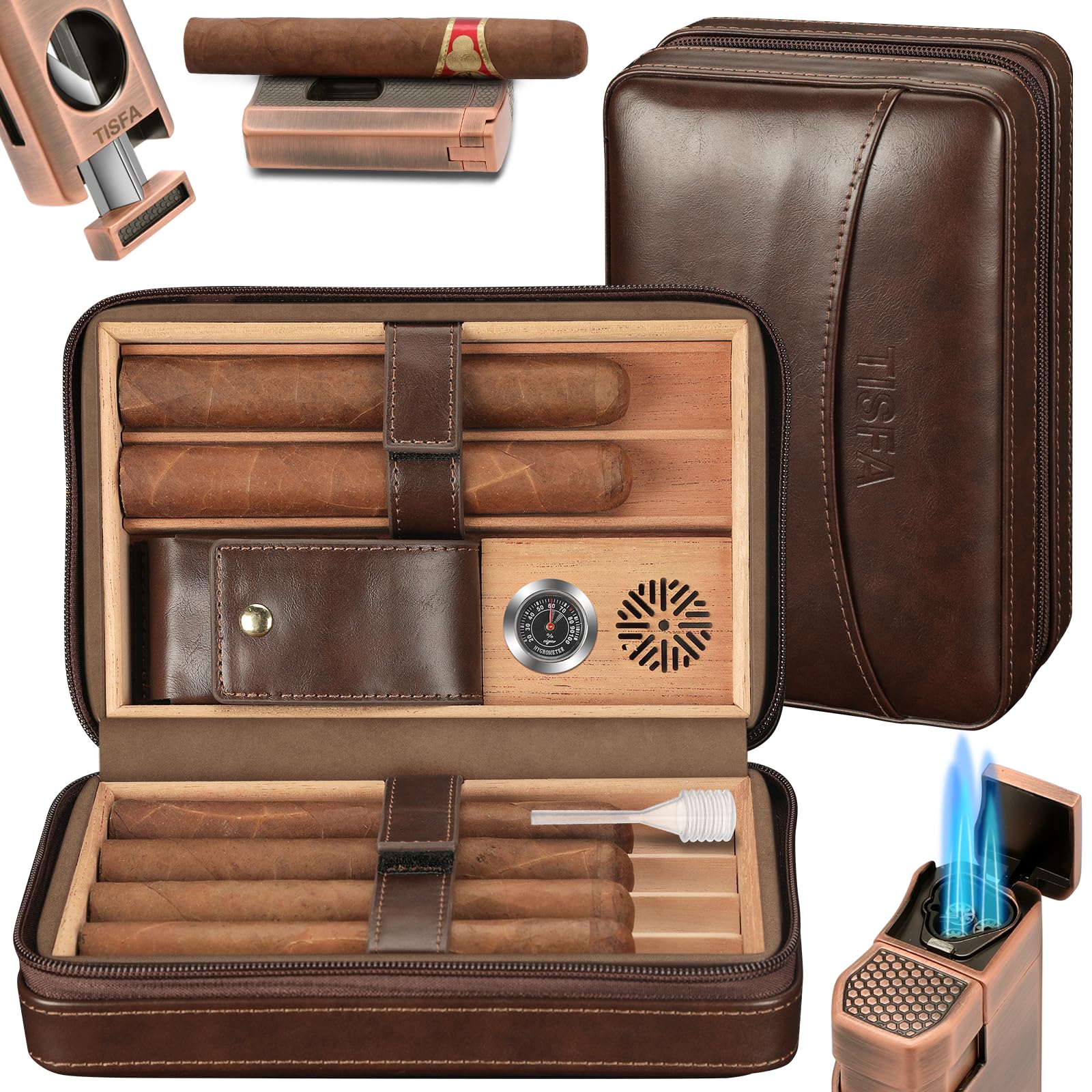 TISFA Cigar Case, Leather Cigar Humidor with Cigar Lighter, V Cut Cigar Cutter, Cigar Holder 3 in 1, Portable Cedar Wood Cigar Box with Humidifier Hygrometer, Cigar Accessories Gifts (Embossed Brown)