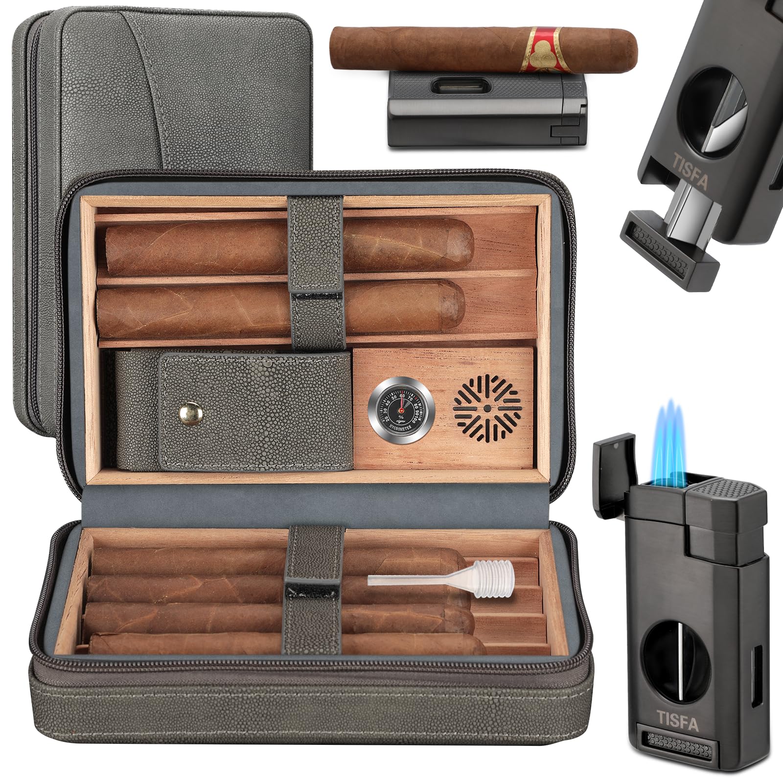 TISFA Cigar Case, Leather Cigar Humidor with Cigar Lighter, V Cut Cigar Cutter, Cigar Holder 3 in 1, Portable Cedar Wood Cigar Box with Humidifier Hygrometer, Cigar Accessories Gifts (Embossed Brown)