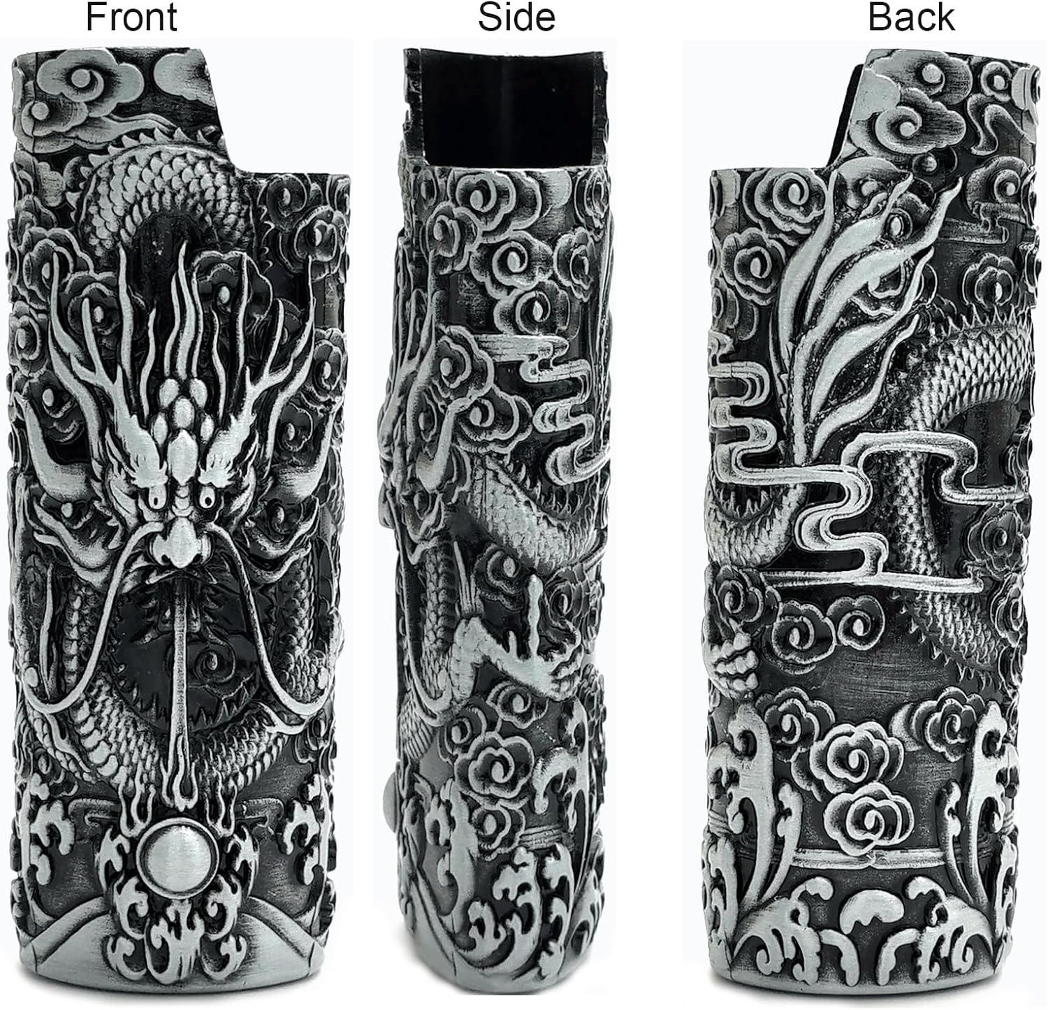 Gift for Men Him Her Husband Dad Metal Vintage Dragon and Bead Double Sided Engraving Pattern Design Lighter Pouch Case Cover Holder Sleeve for BIC Full Size Classic Lighter J6