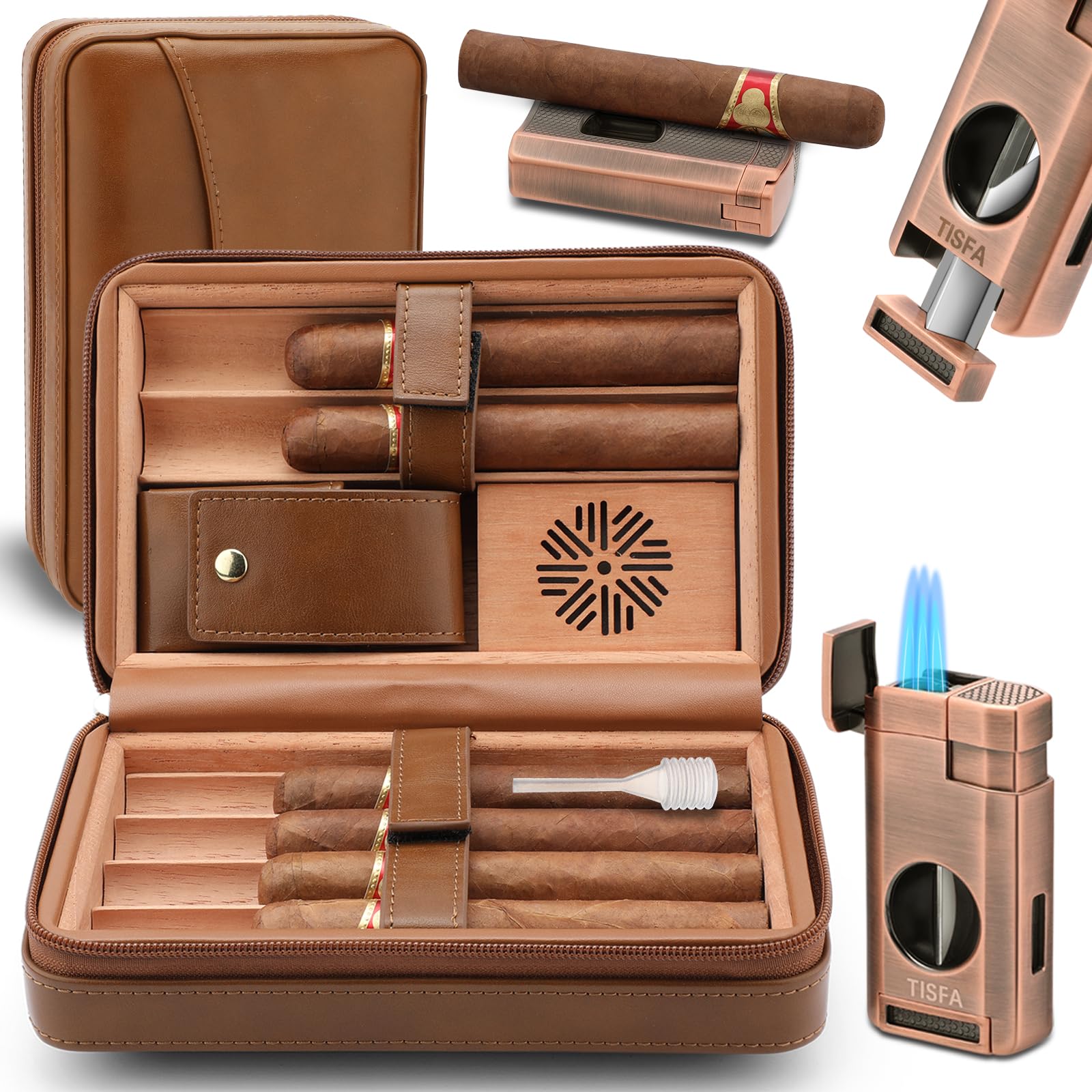 TISFA Cigar Case, Leather Cigar Humidor with Cigar Lighter, V Cut Cigar Cutter, Cigar Holder 3 in 1, Portable Cedar Wood Cigar Box with Humidifier Hygrometer, Cigar Accessories Gifts (Embossed Brown)